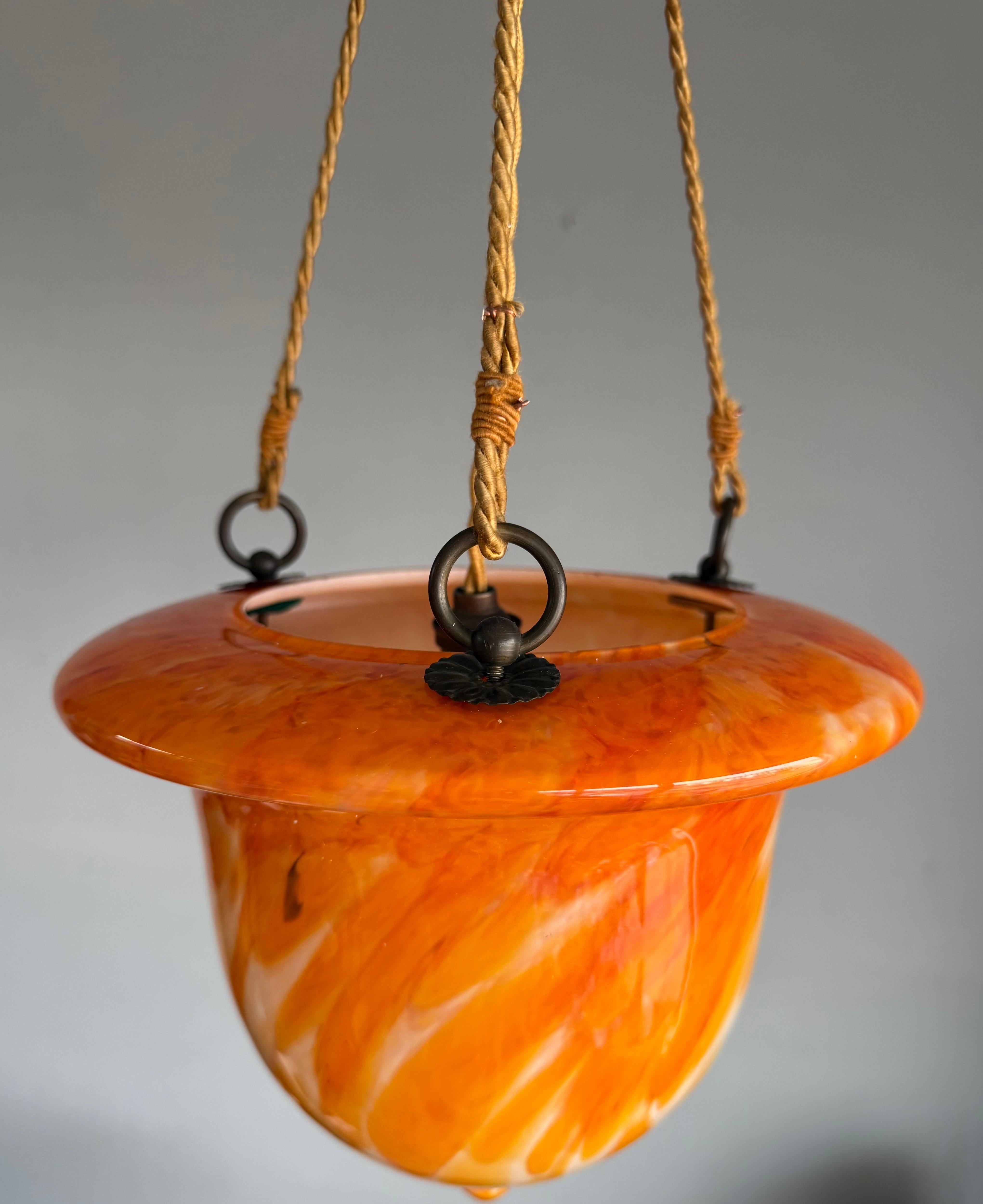 Brass Glorious Design and Color Art & Crafts Glass Pendant Light, Canopy and Rope 1930 For Sale