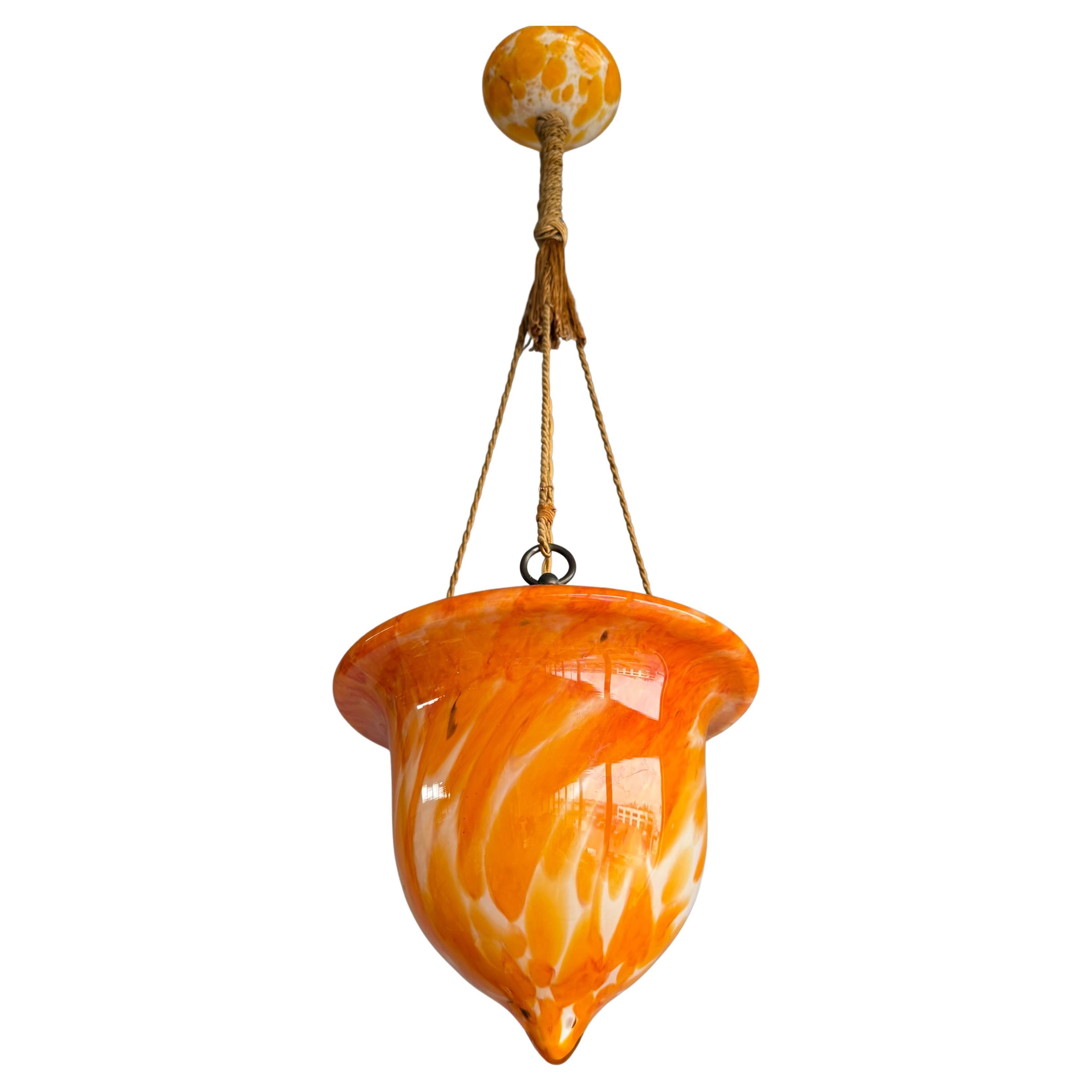 Glorious Design and Color Art & Crafts Glass Pendant Light, Canopy and Rope 1930 For Sale