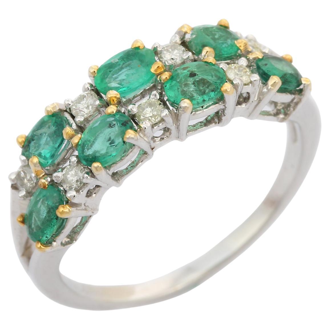 Brilliant Diamond and Emerald Wedding Band Ring Studded in 18k White Gold