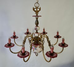 Glorious Large Delft Chandelier in Brass and Porcelain Flowers