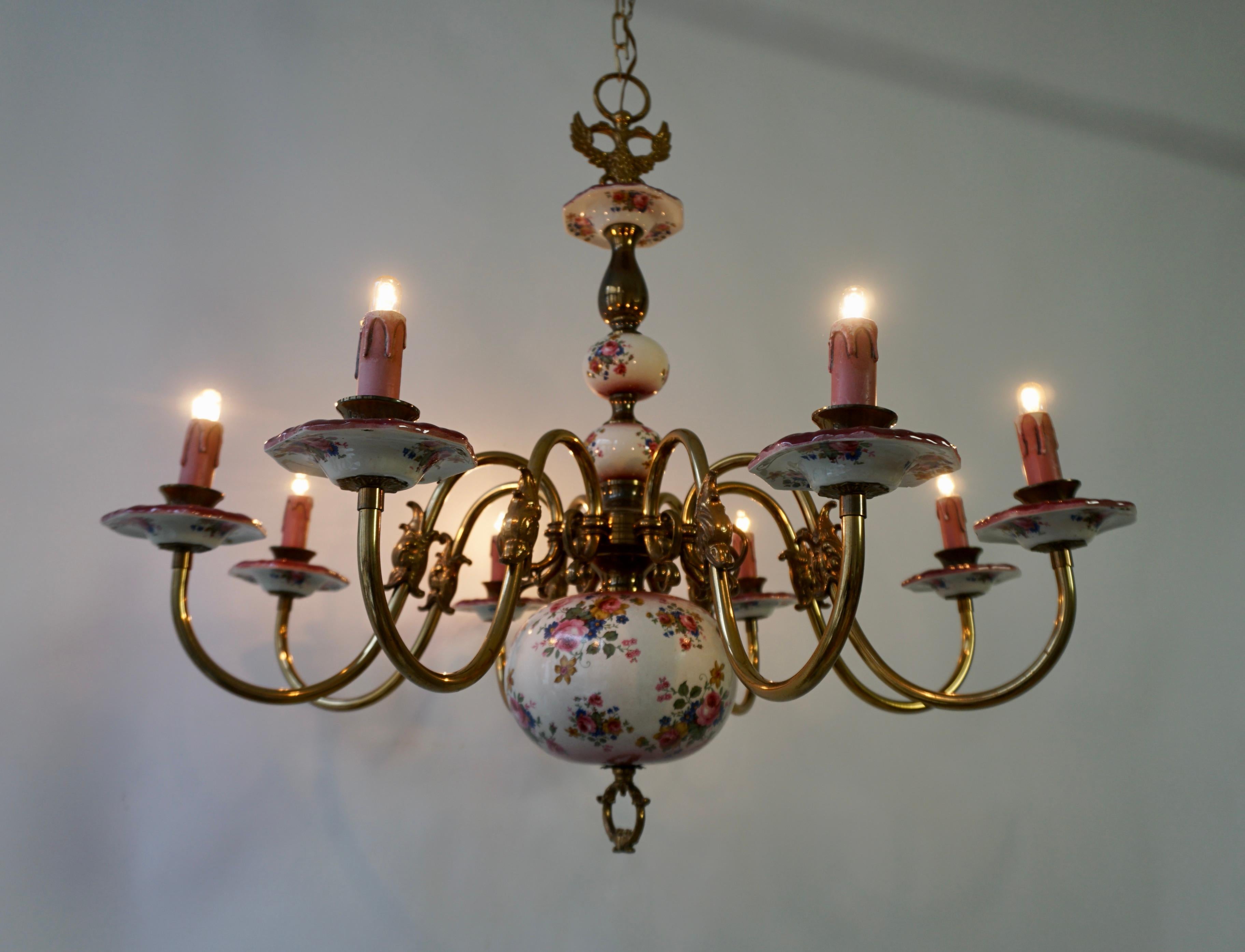 Hollywood Regency Glorious Large Delft Chandelier in Brass and Porcelain Flowers For Sale