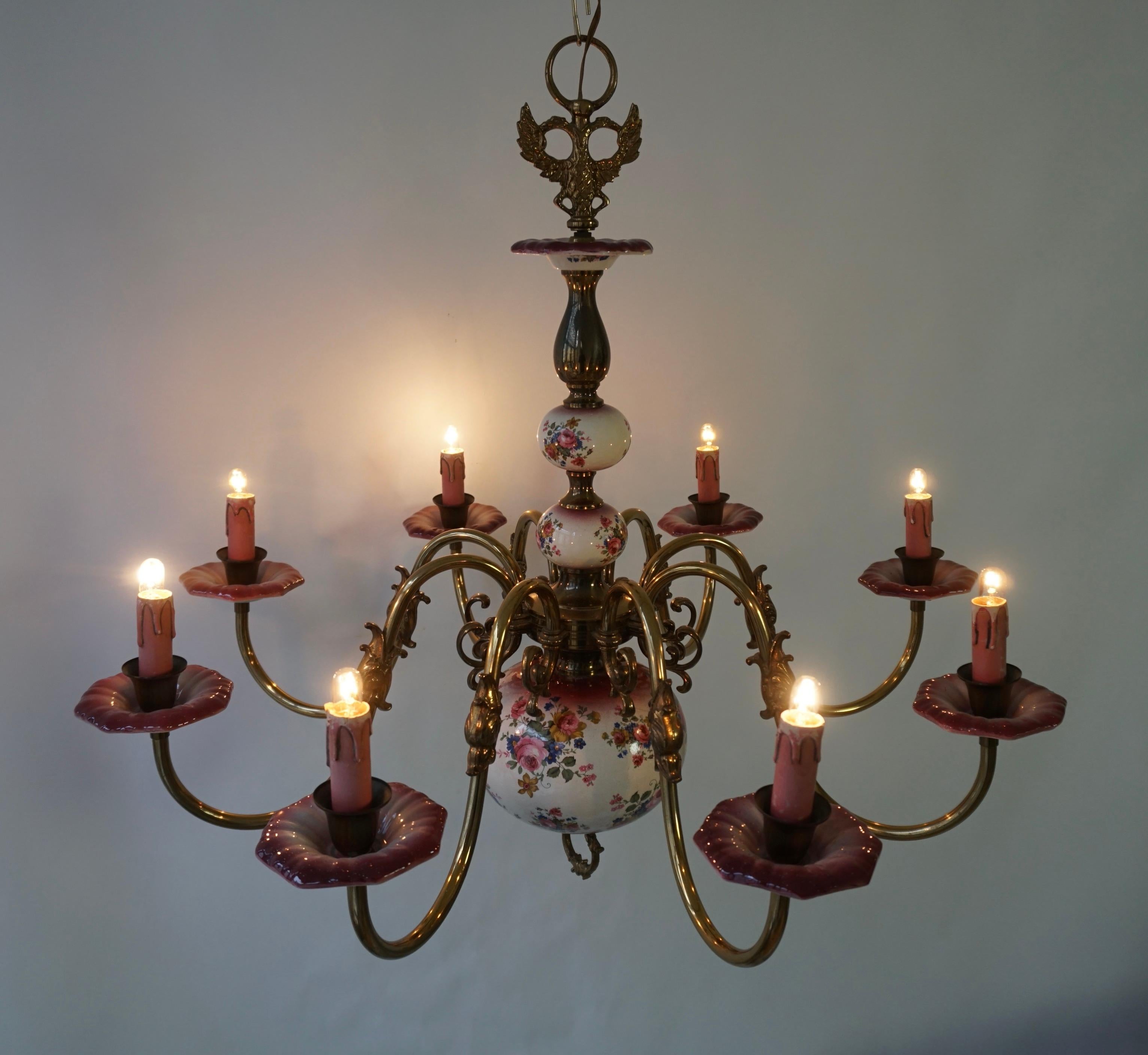 Dutch Glorious Large Delft Chandelier in Brass and Porcelain Flowers For Sale