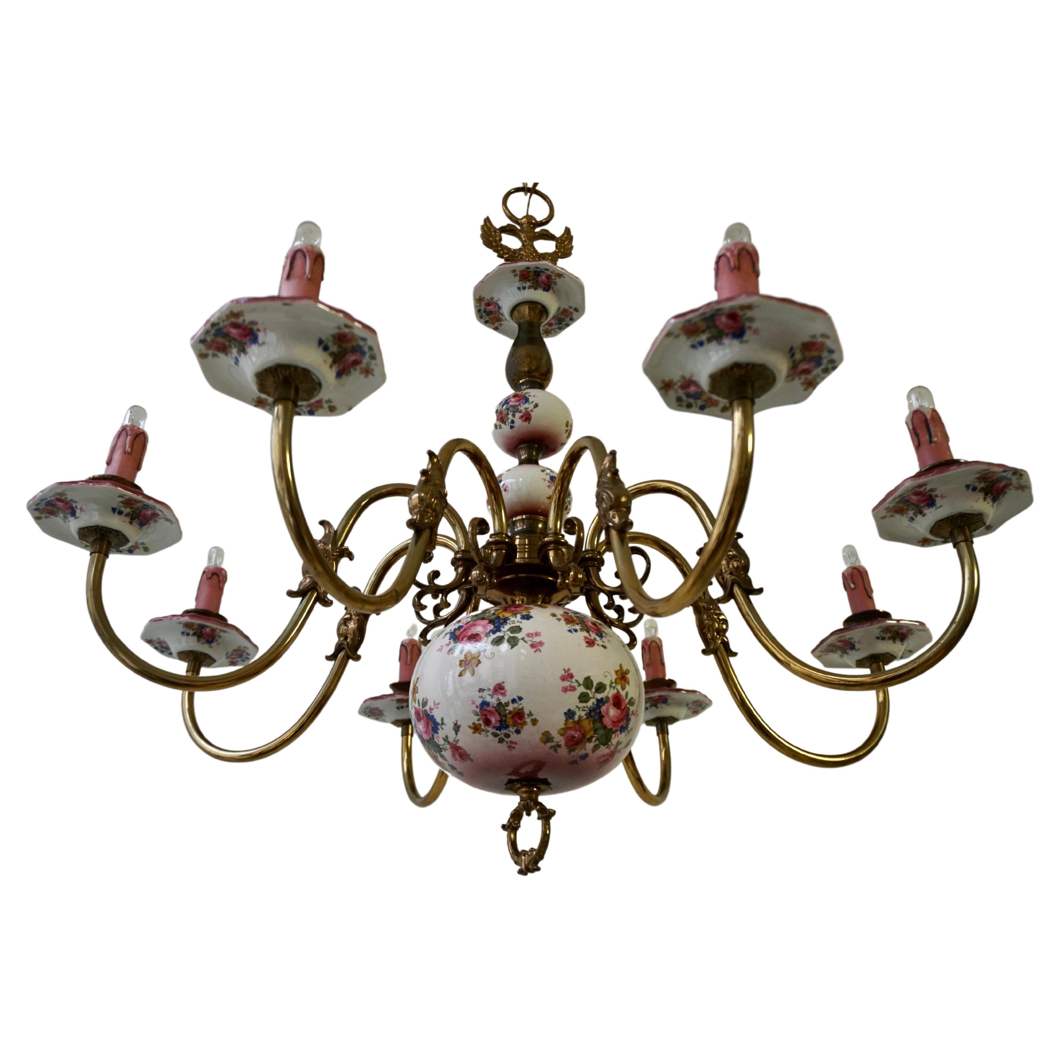 Glorious Large Delft Chandelier in Brass and Porcelain Flowers For Sale