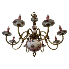 Glorious Large Delft Chandelier in Brass and Porcelain Flowers