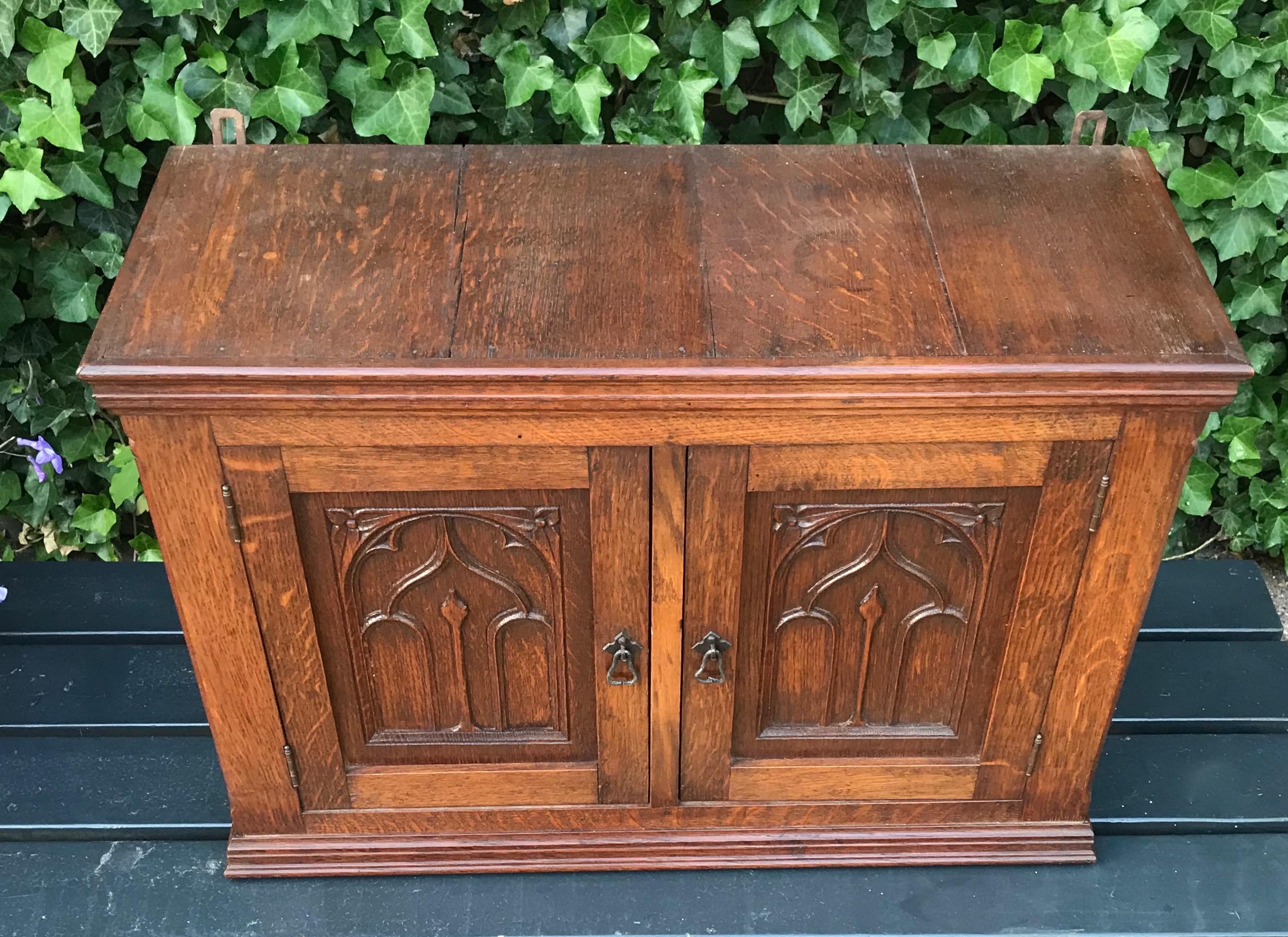Glorious Looking Antique Handcrafted Oak Gothic Revival Hanging Wall Cabinet 7