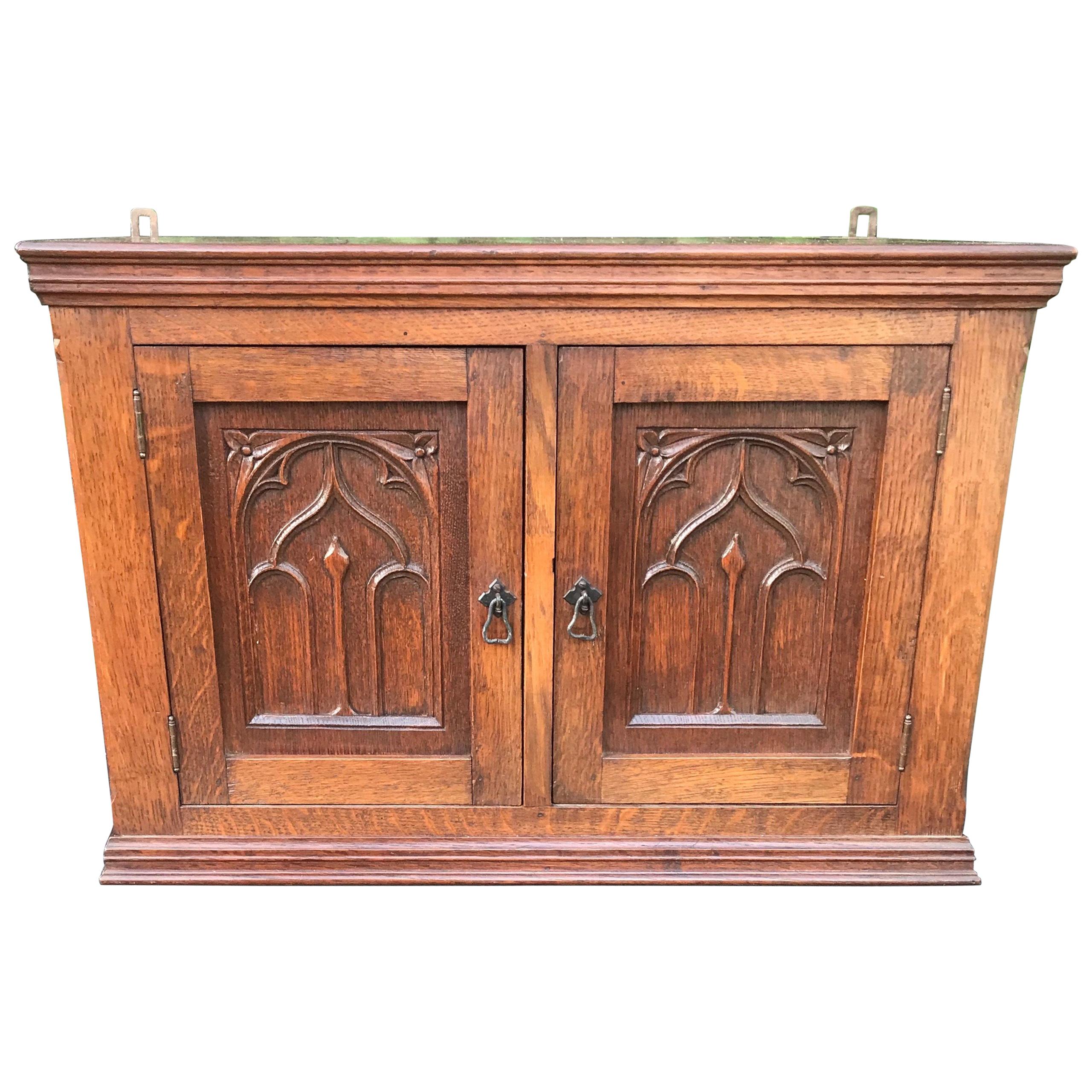 Glorious Looking Antique Handcrafted Oak Gothic Revival Hanging Wall Cabinet