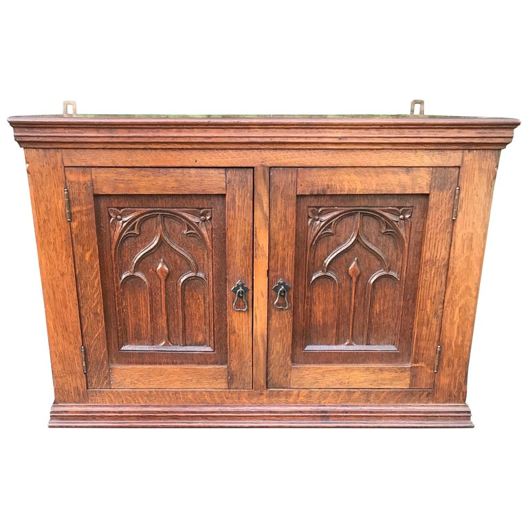 Glorious Looking Antique Handcrafted Oak Gothic Revival Hanging Wall Cabinet At 1stdibs Glorious Looking Antique Handcrafted, Hanging Wall Cabinet