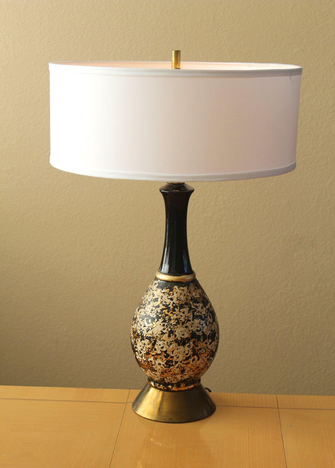 Mid-Century Modern Glorious Mid Century Modern Atomic Table Lamp (lampe de table atomique). Noir Blanc Or 24kt 1950s en vente