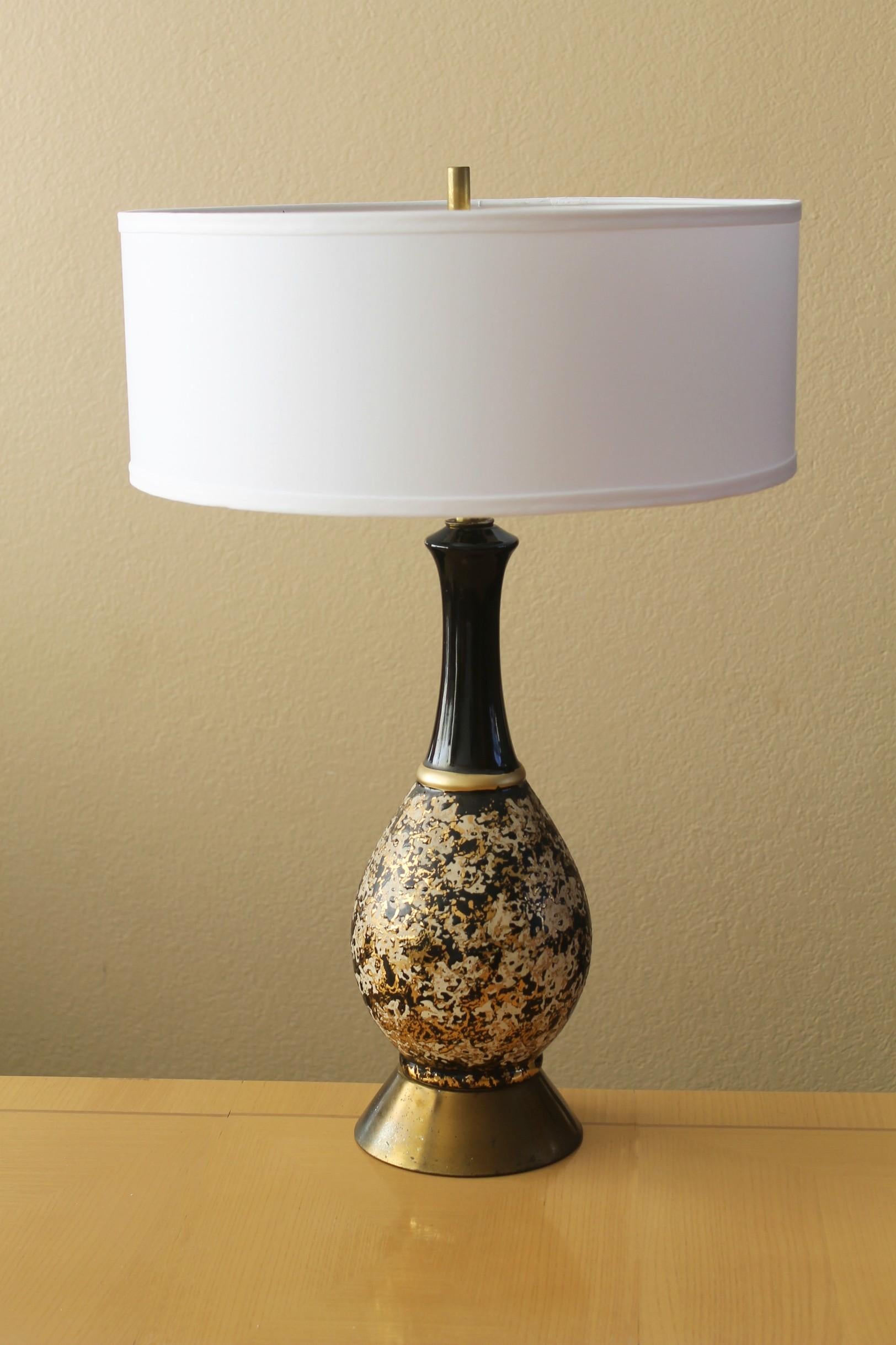 American Glorious Mid Century Modern Atomic Table Lamp. Black White 24kt Gold 1950s For Sale