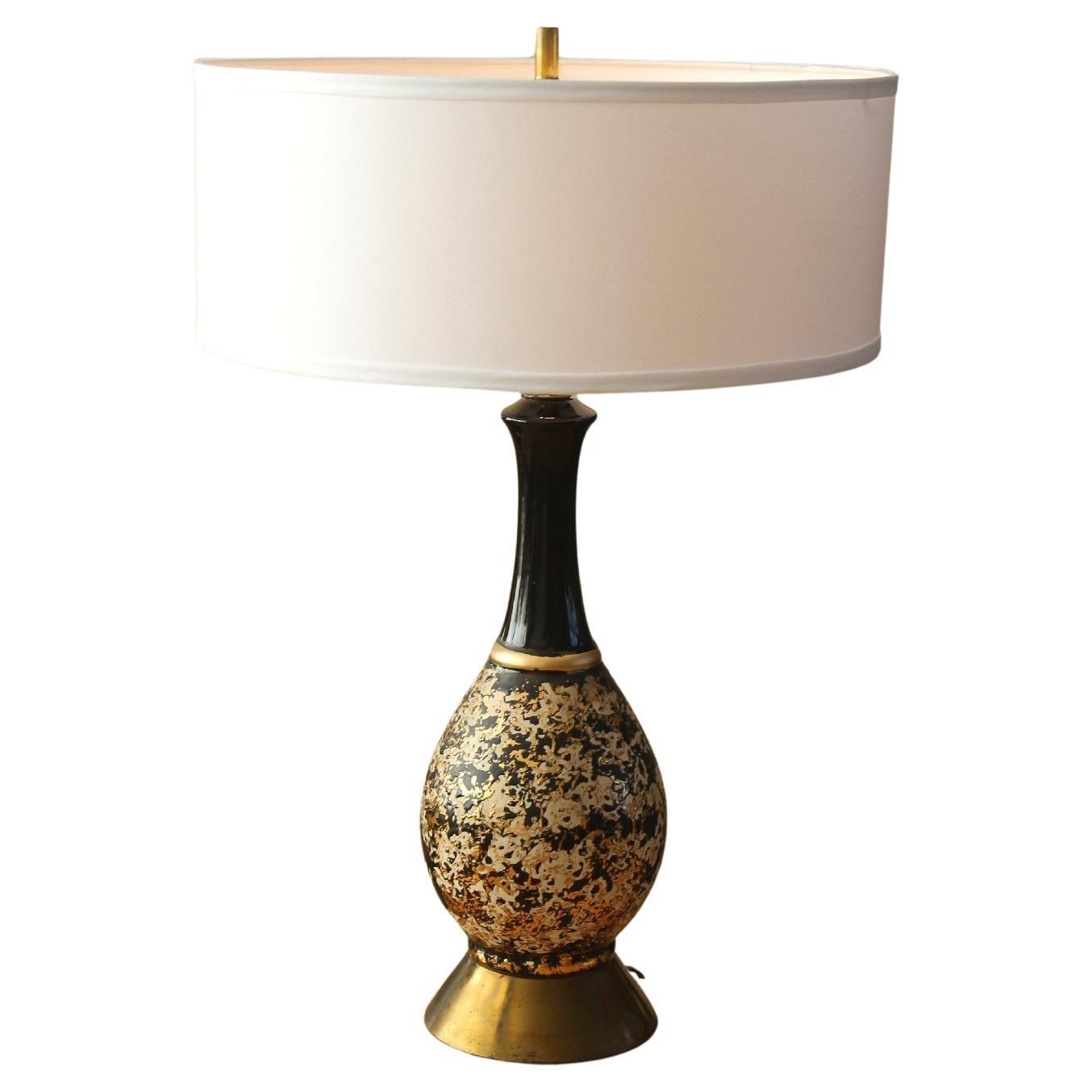 Glorious Mid Century Modern Atomic Table Lamp (lampe de table atomique). Noir Blanc Or 24kt 1950s