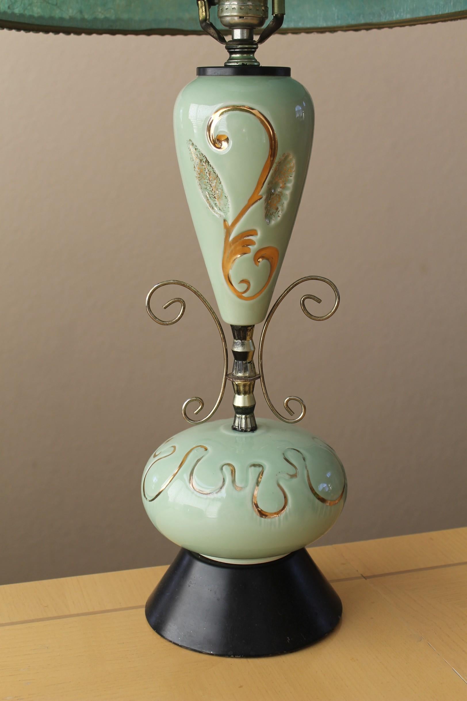 20th Century Glorious MId Century Modern Atomic Table Lamp. Mint Green Fiberglass Shade 1950s For Sale