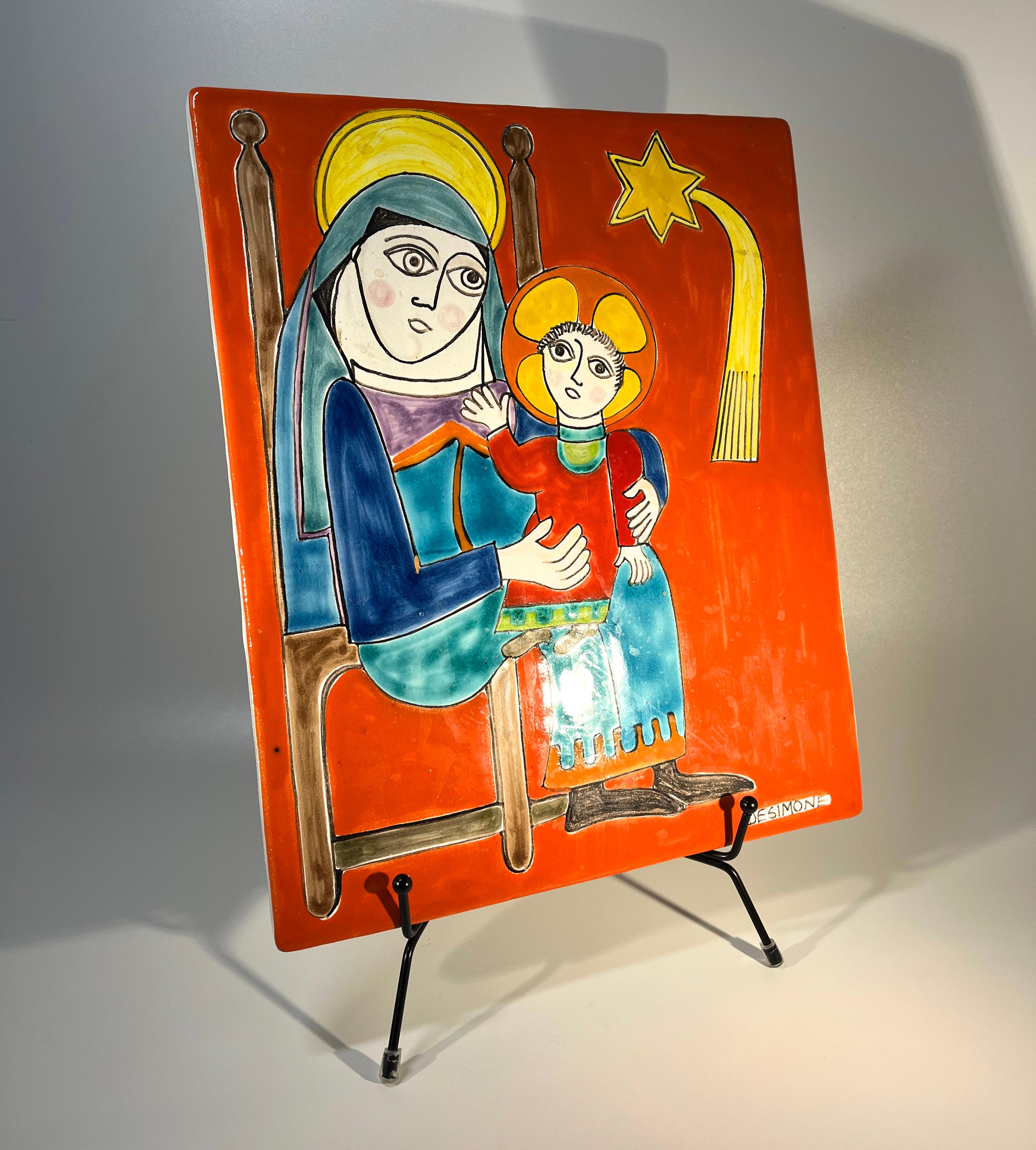 Glorious, original signiert Giovanni DeSimone Madonna und Child Keramik-Plakette (Italienisch) im Angebot