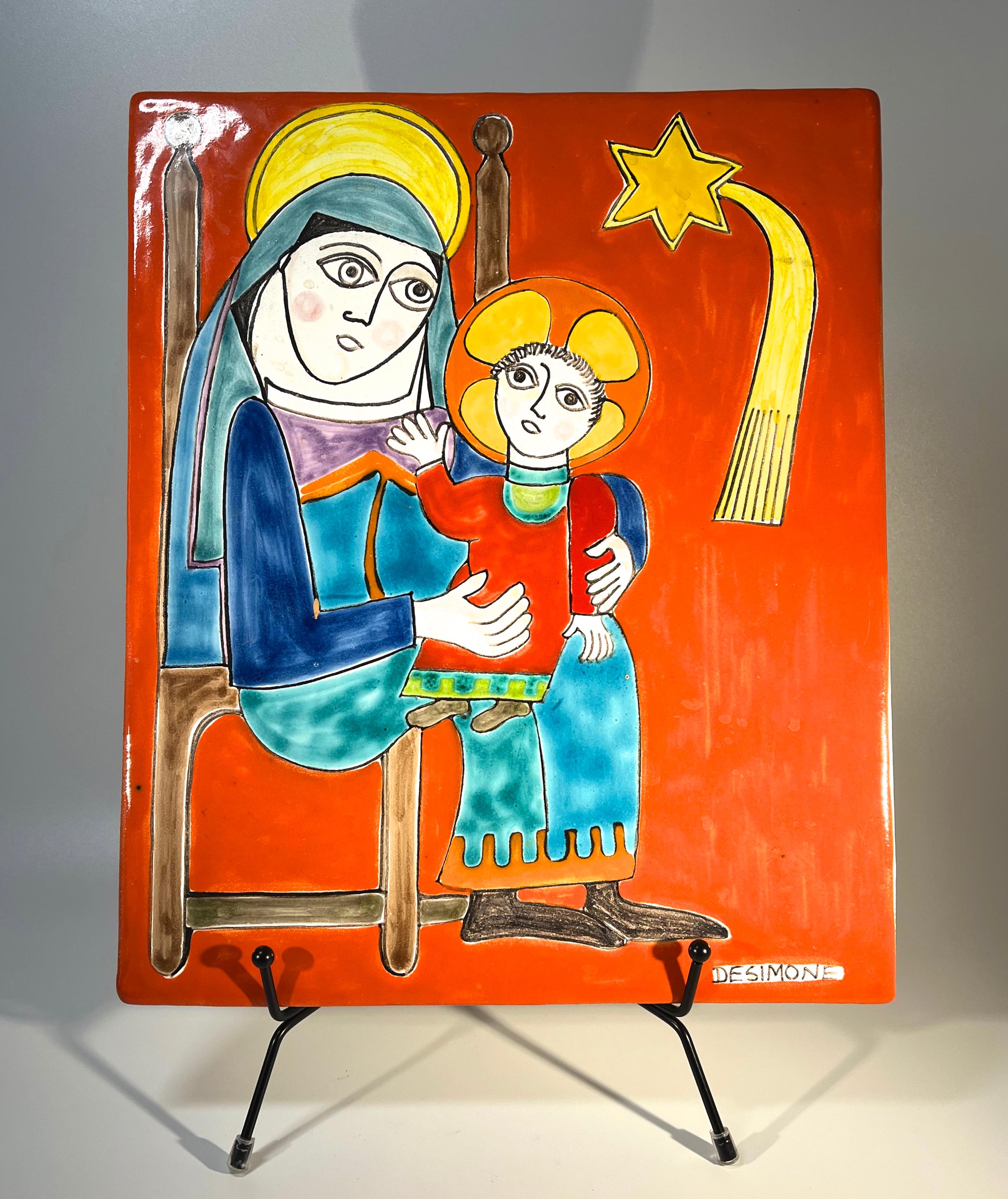 Glorious, original signiert Giovanni DeSimone Madonna und Child Keramik-Plakette (20. Jahrhundert) im Angebot