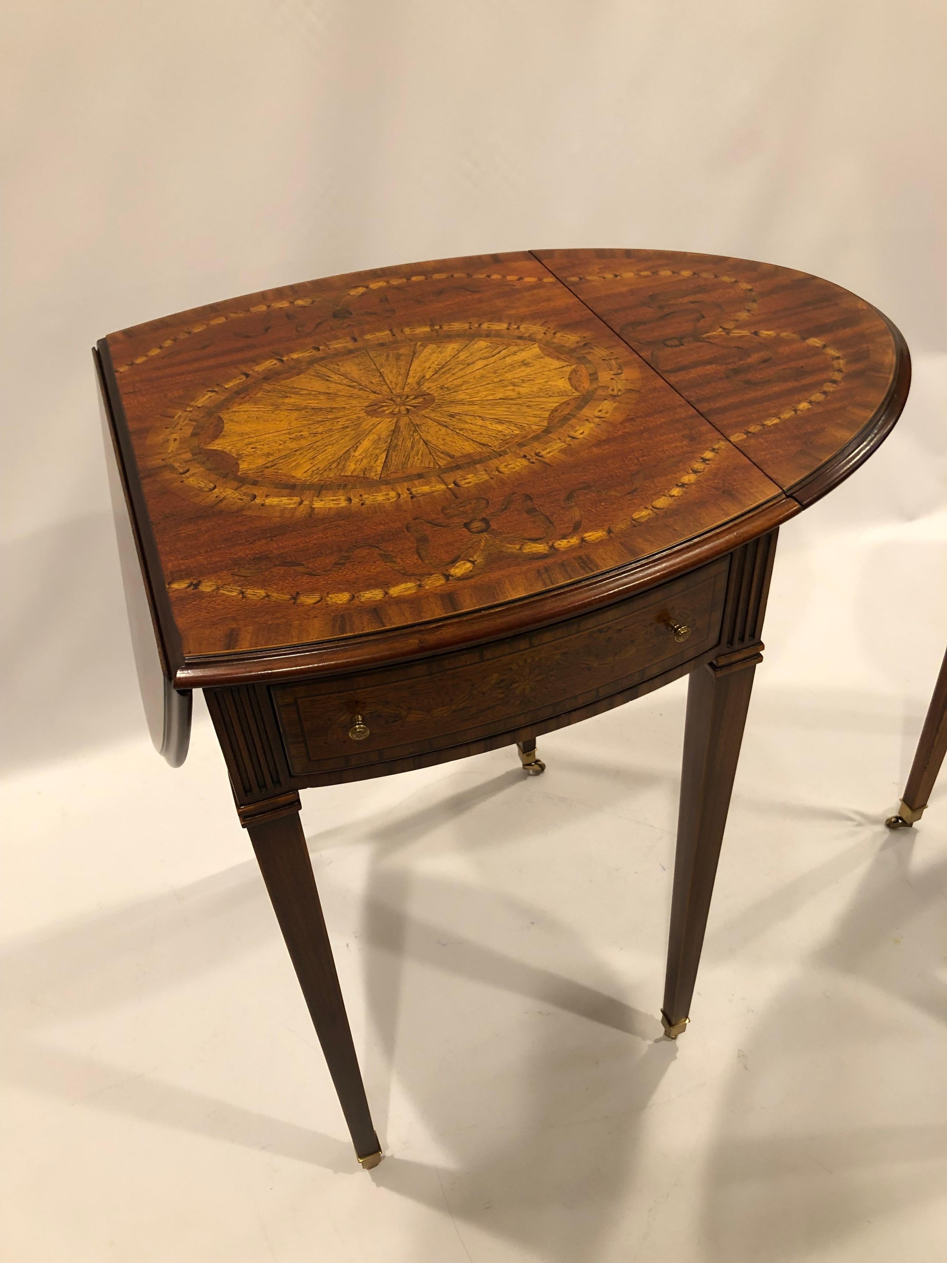 Glorious Pair of Maitland Smith Drop Leaf Inlaid Wood Side Tables For Sale 8