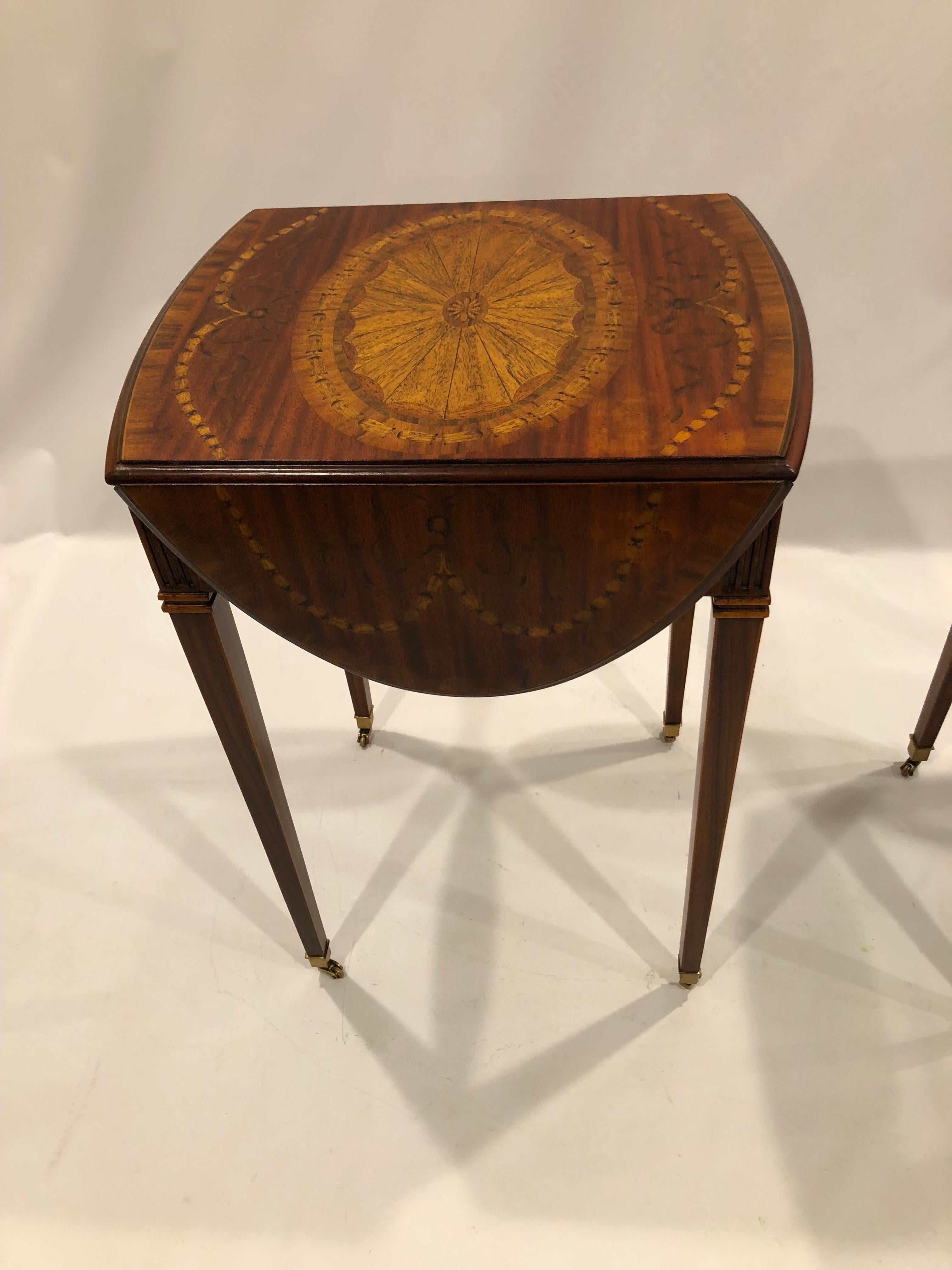Philippine Glorious Pair of Maitland Smith Drop Leaf Inlaid Wood Side Tables For Sale