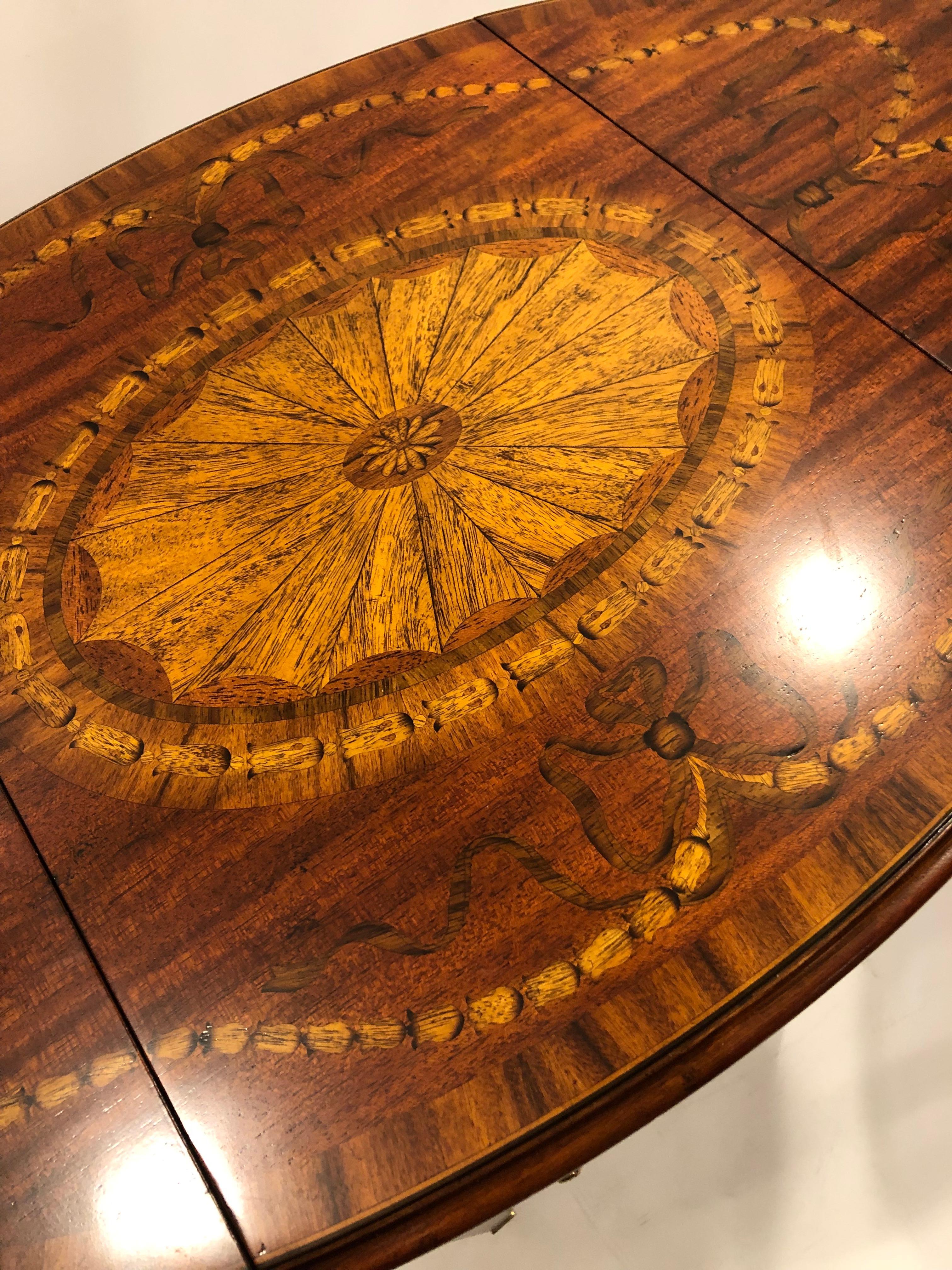 Inlay Glorious Pair of Maitland Smith Drop Leaf Inlaid Wood Side Tables For Sale