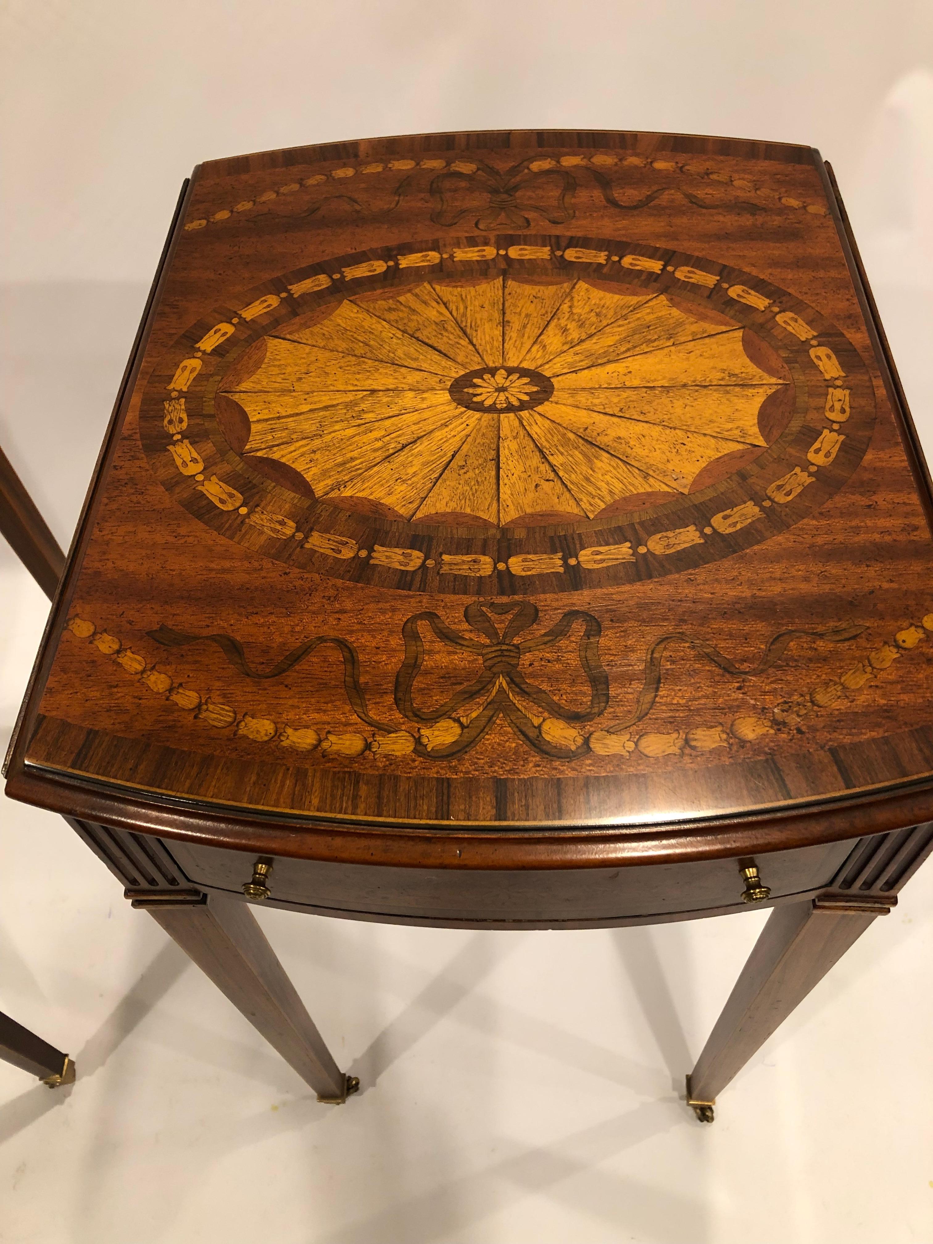 Glorious Pair of Maitland Smith Drop Leaf Inlaid Wood Side Tables In Good Condition For Sale In Hopewell, NJ