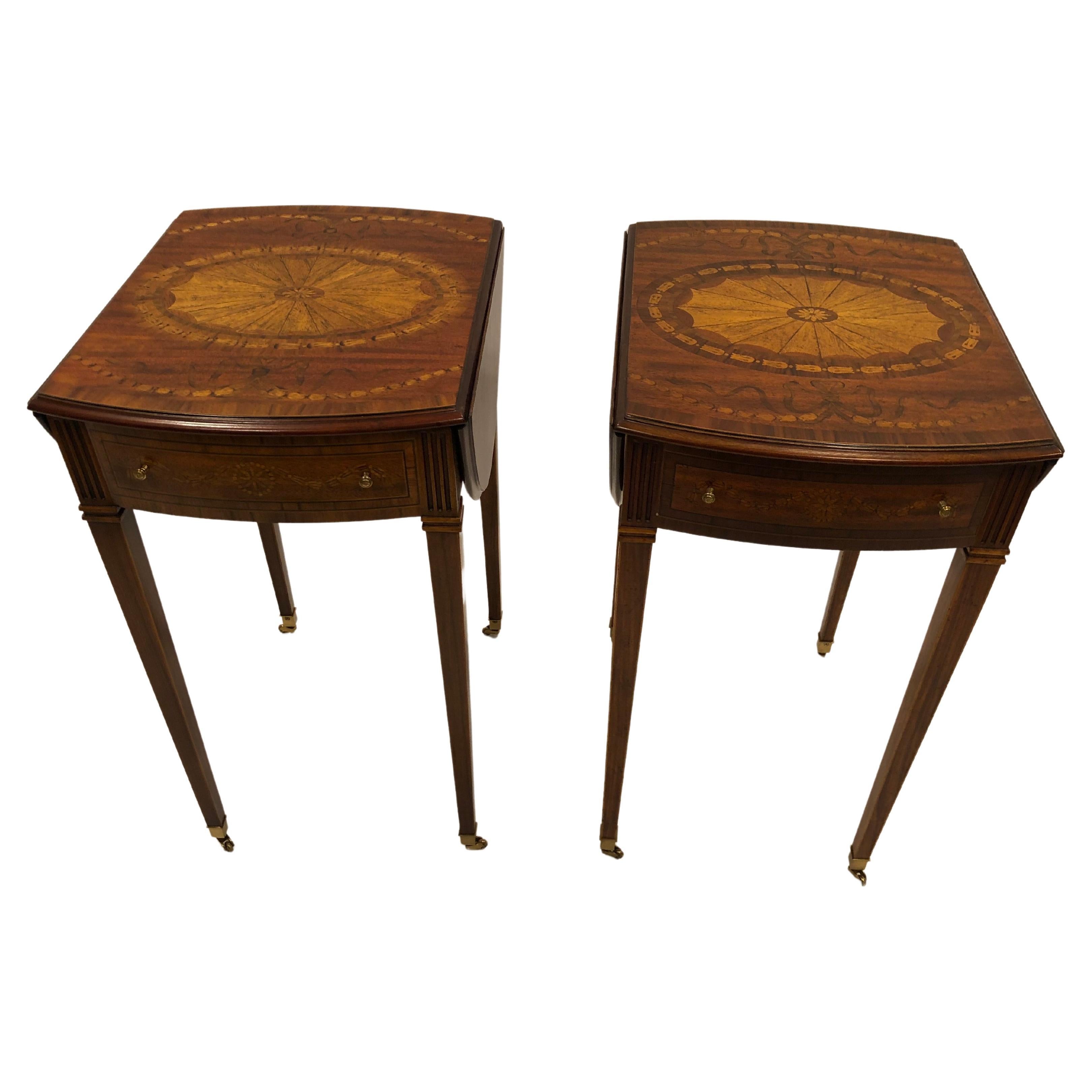 Glorious Pair of Maitland Smith Drop Leaf Inlaid Wood Side Tables