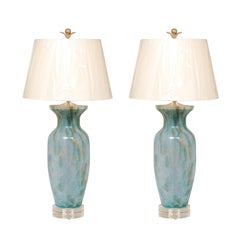 Glorious Pair of Vintage Pale Turquoise Murano Vessels as New Custom Lamps