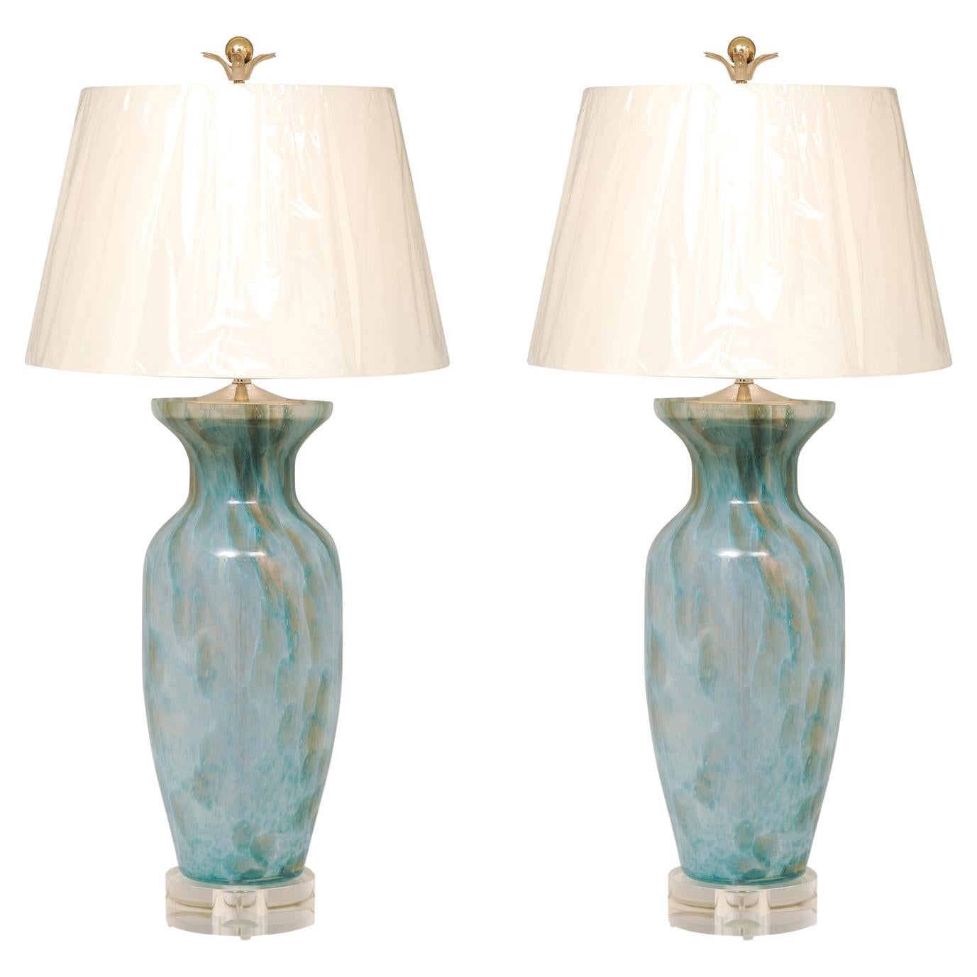 Glorious Pair of Vintage Pale Turquoise Murano Vessels as New Custom Lamps