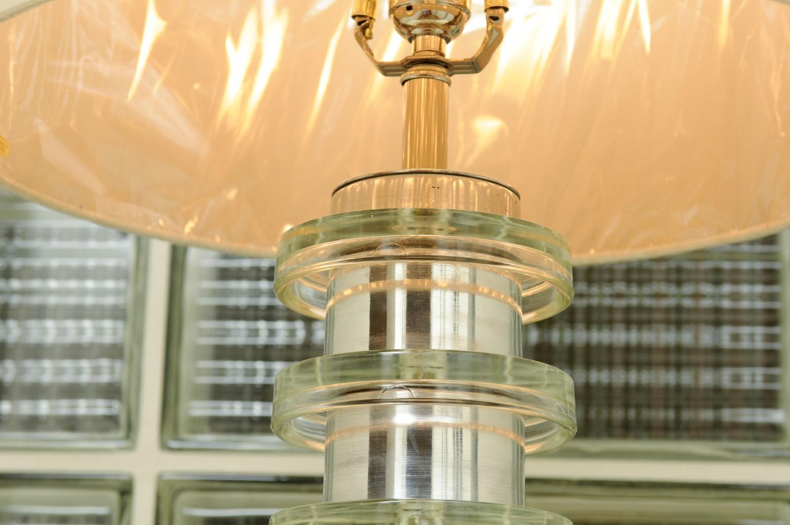 Glorious Restored Pair of Art Deco Lamps in Spun Aluminum and Glass, circa 1940 For Sale 2