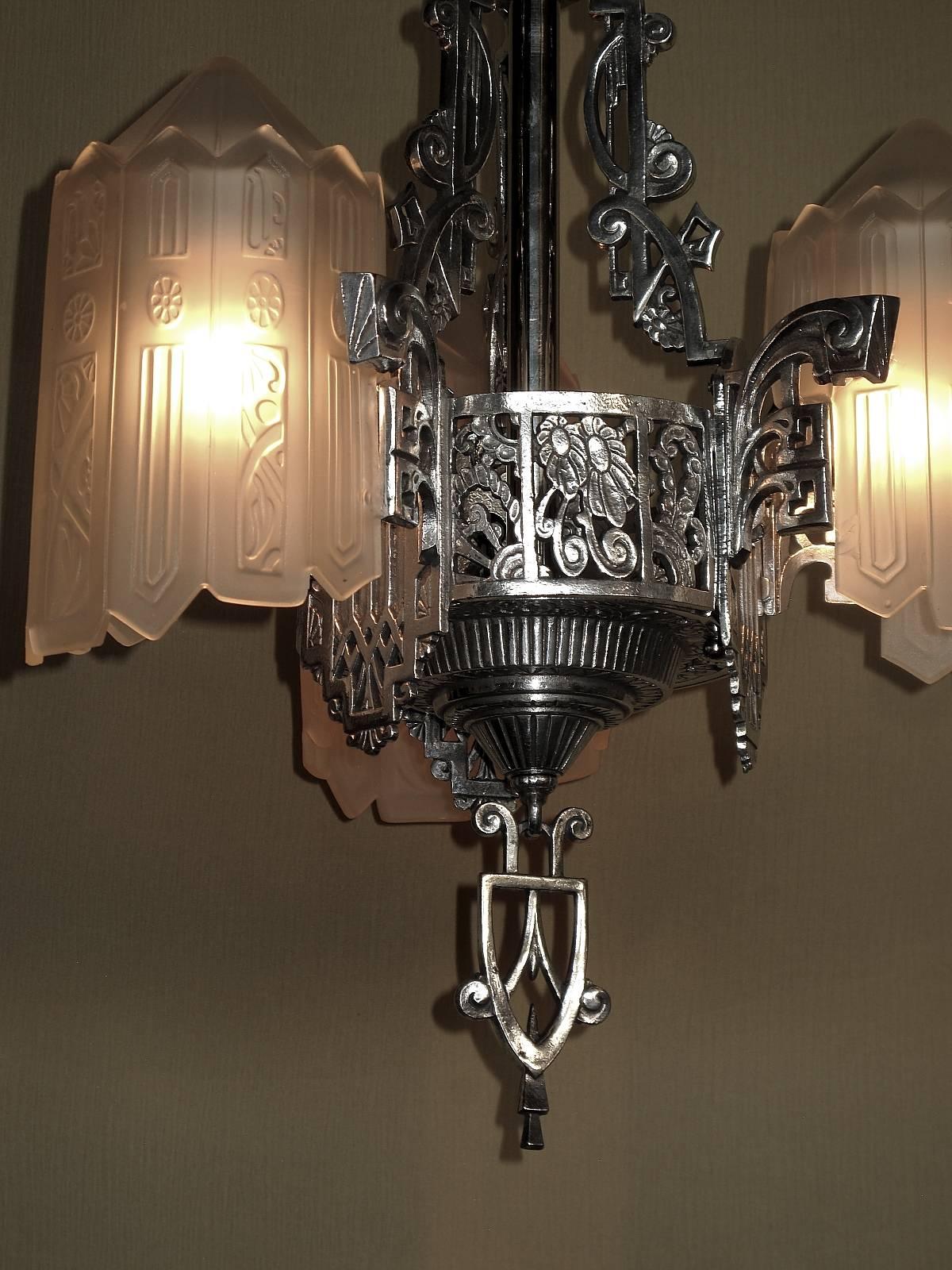 Glorious Three Shade Art Deco Chandelier, Late 1920s For Sale 3