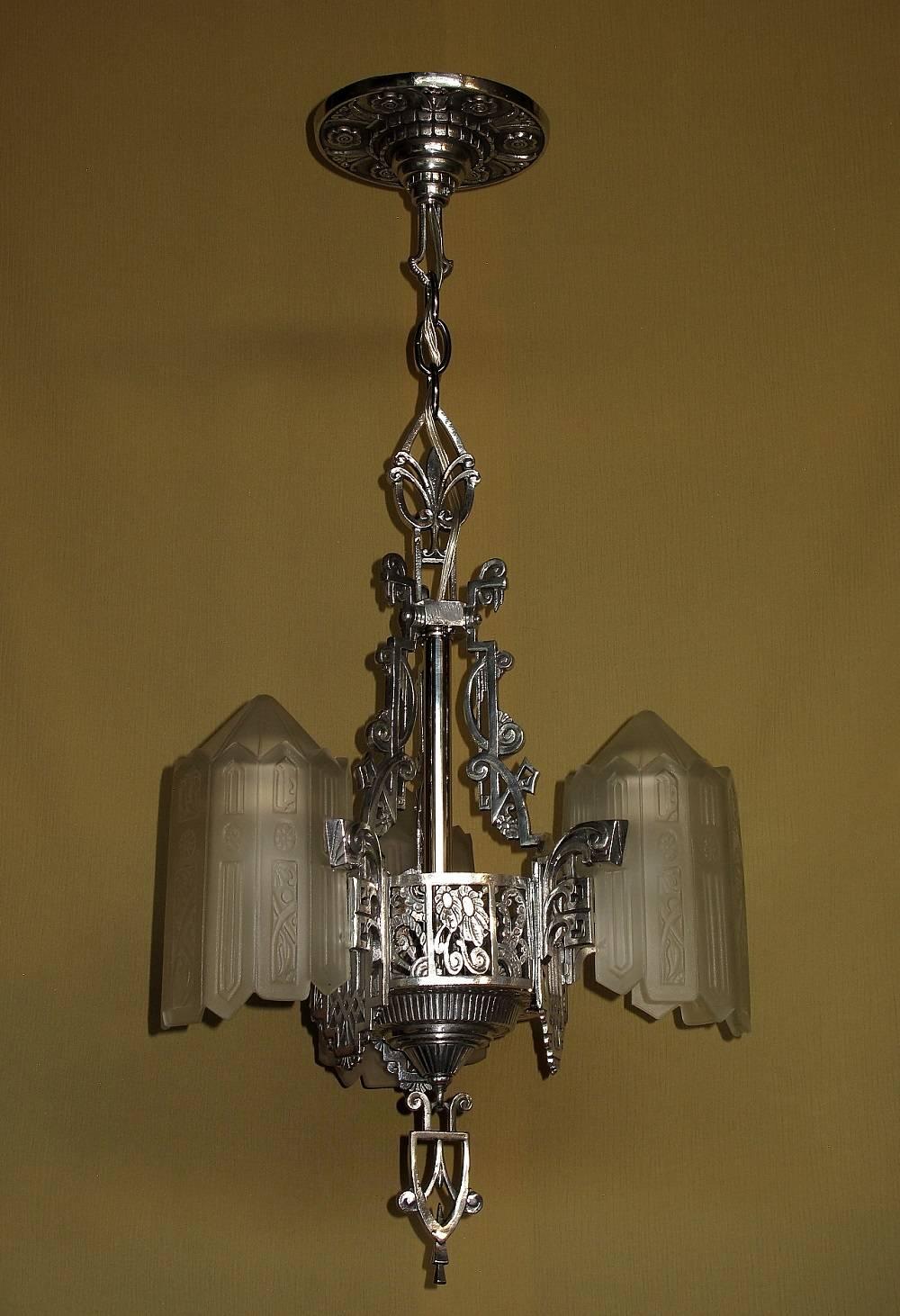 Polished Glorious Three Shade Art Deco Chandelier, Late 1920s For Sale