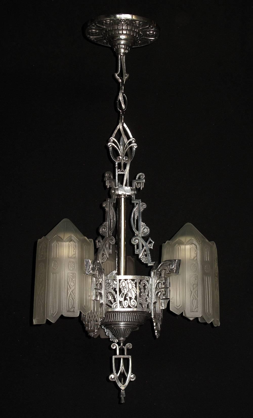 Glorious Three Shade Art Deco Chandelier, Late 1920s In Good Condition For Sale In Prescott, AZ