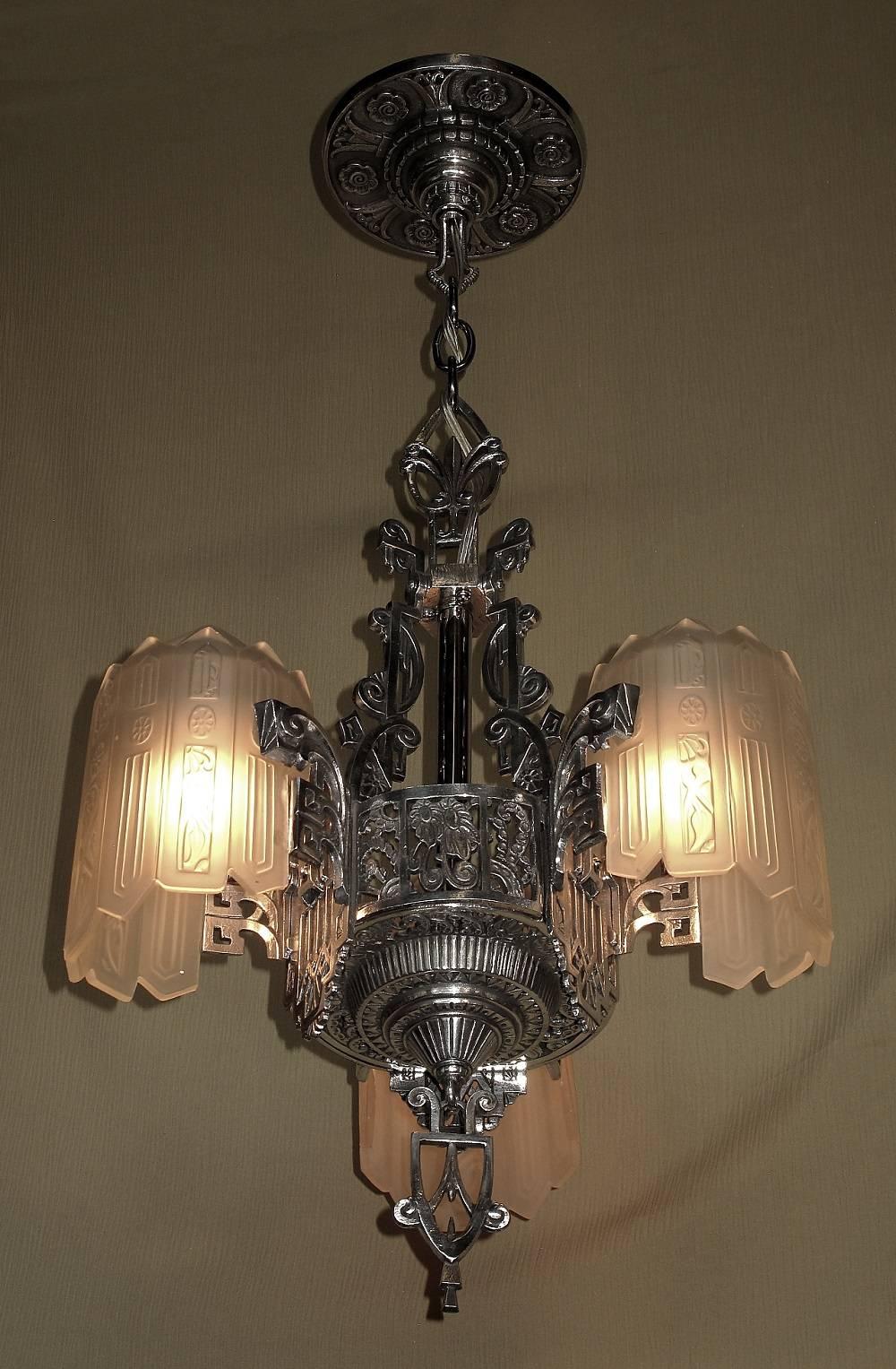 Glorious Three Shade Art Deco Chandelier, Late 1920s For Sale 1