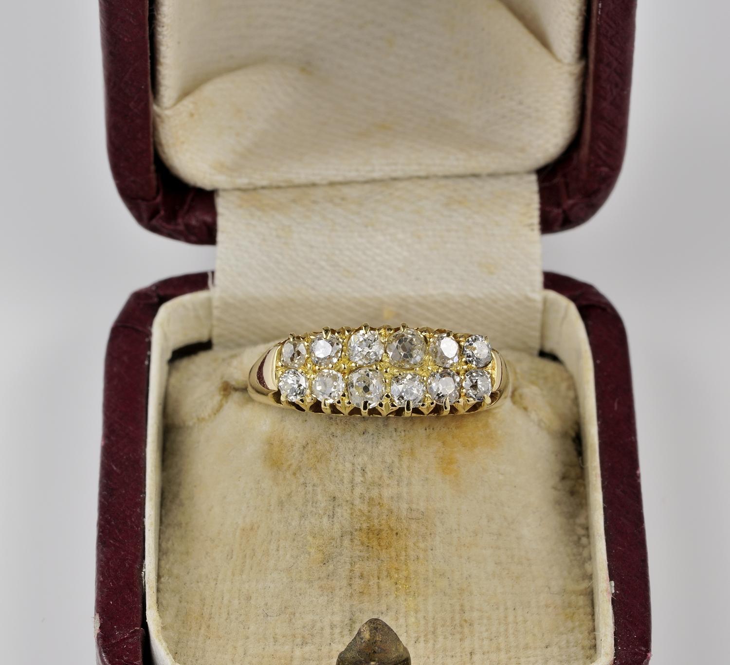 
Him or Her Glorious Victorian Beauty

Absolutely Stunning double row of Diamonds Victorian era ring
Substantially hand crafted of solid 18 KT gold - marked, would suit either sex for its simple and beautiful design 
Pave set with a selection of