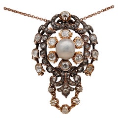 Glorious Victorian Natural Pearl 4.90 Carat Diamond Rare Royalty Pendant