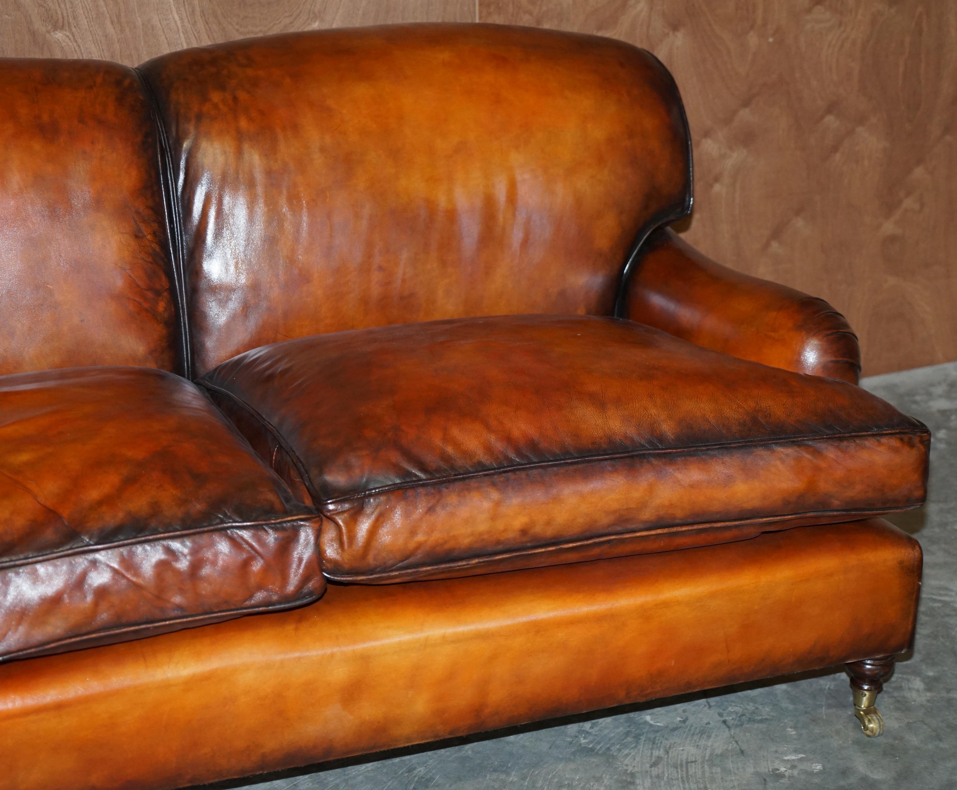 English Glorious Vintage Fully Restored Hand Dyed Brown Leather Howards & Son Style Sofa