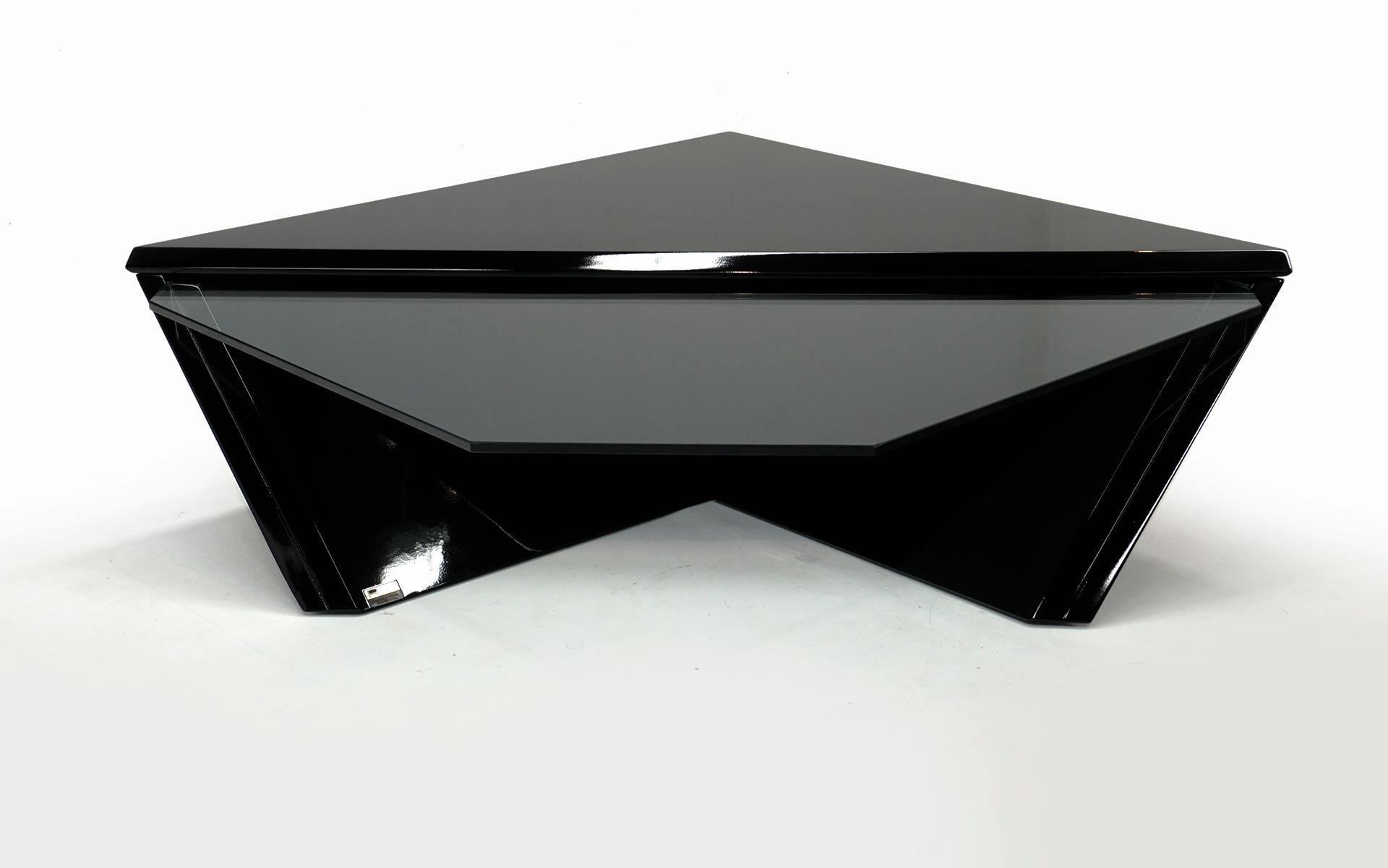 Mid-Century Modern Gloss Black and Glass Coffee Table by Roger Rougier, Expertly Restored, Signed