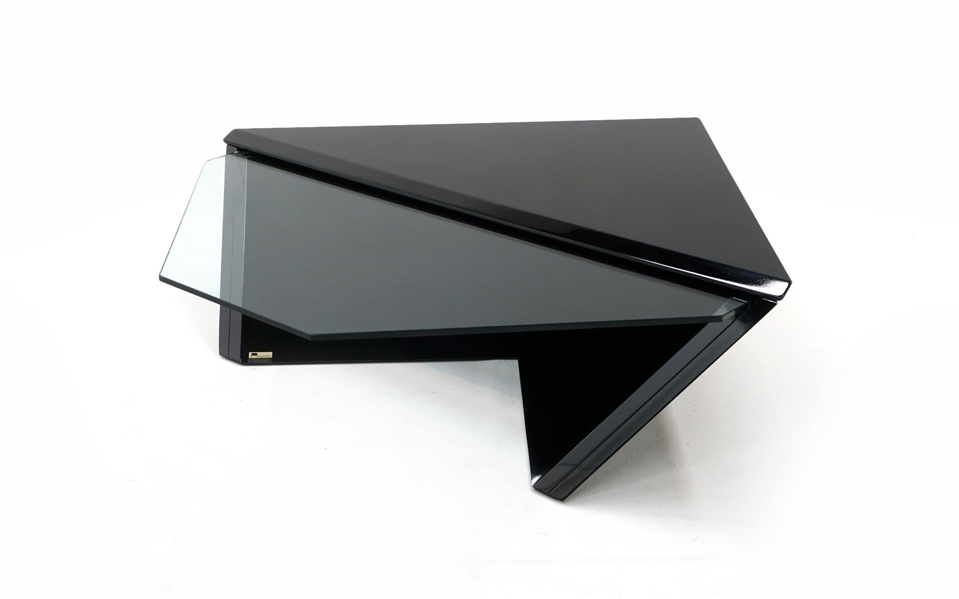 Lacquered Gloss Black and Glass Coffee Table by Roger Rougier, Expertly Restored, Signed For Sale