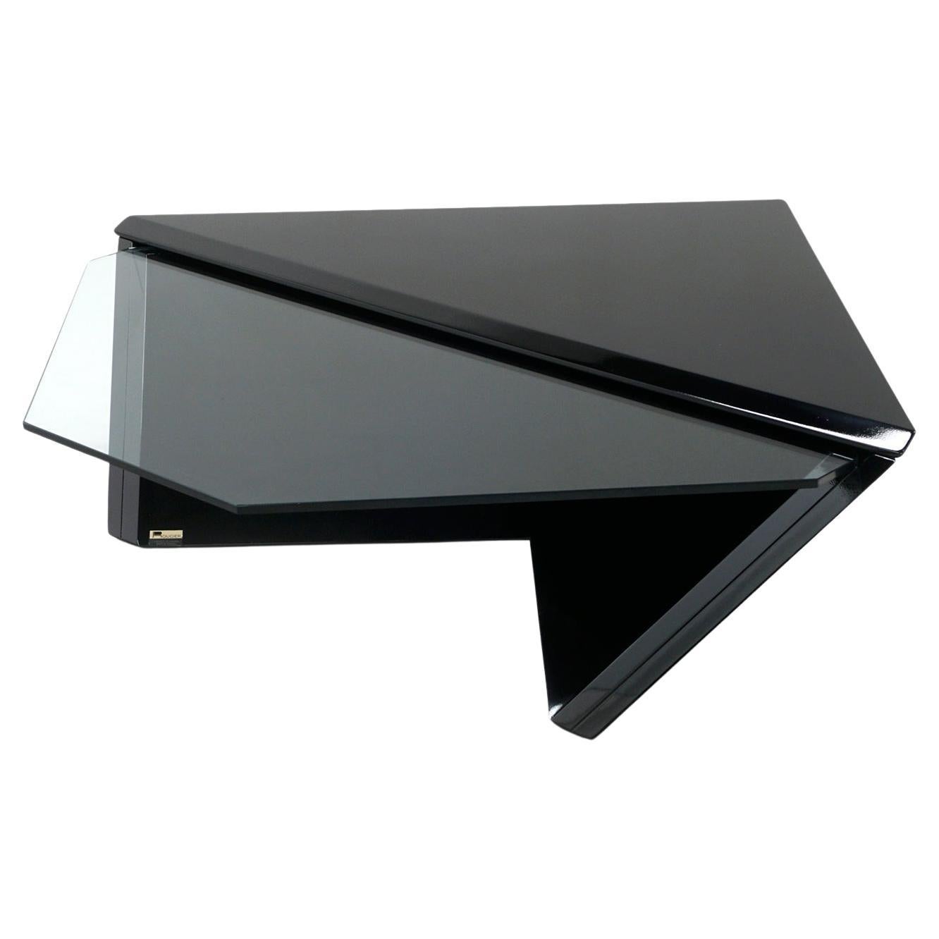 Gloss Black and Glass Coffee Table by Roger Rougier, Expertly Restored, Signed For Sale
