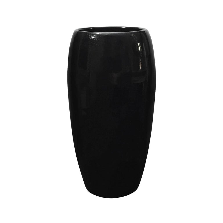 Gloss Black Wide Mouth Ceramic Column Vase by Sandi Fellman For Sale