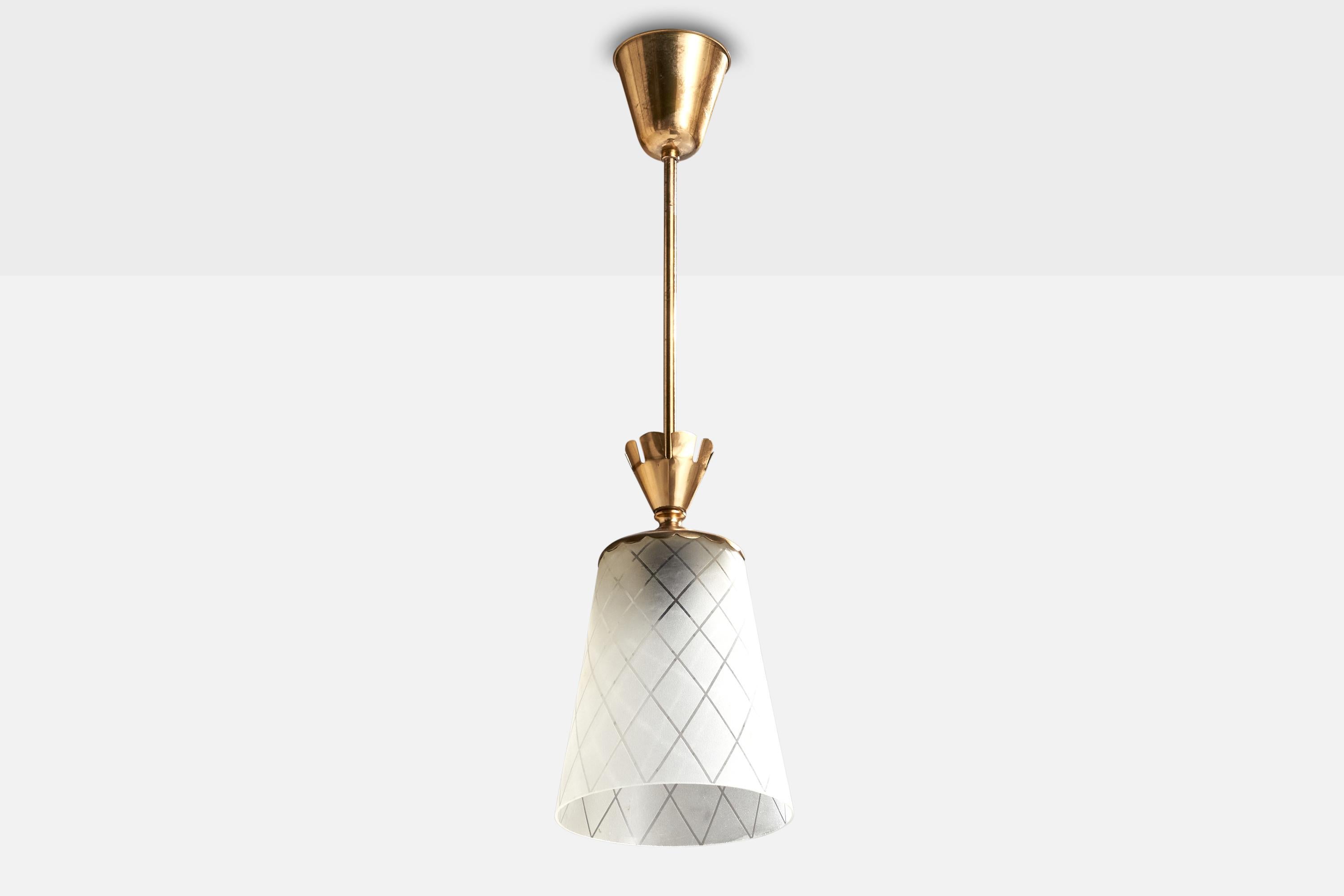 An etched glass and brass pendant light attributed to Glössner & Co, Sweden, c. 1940s.

Overall Dimensions (inches): 21.75” H x 6.75” Diameter

Dimensions of Canopy:  3.5” H x 3.875” W x 3.875” D

Stem length: 11.5” H

Bulb Specifications: E-26 