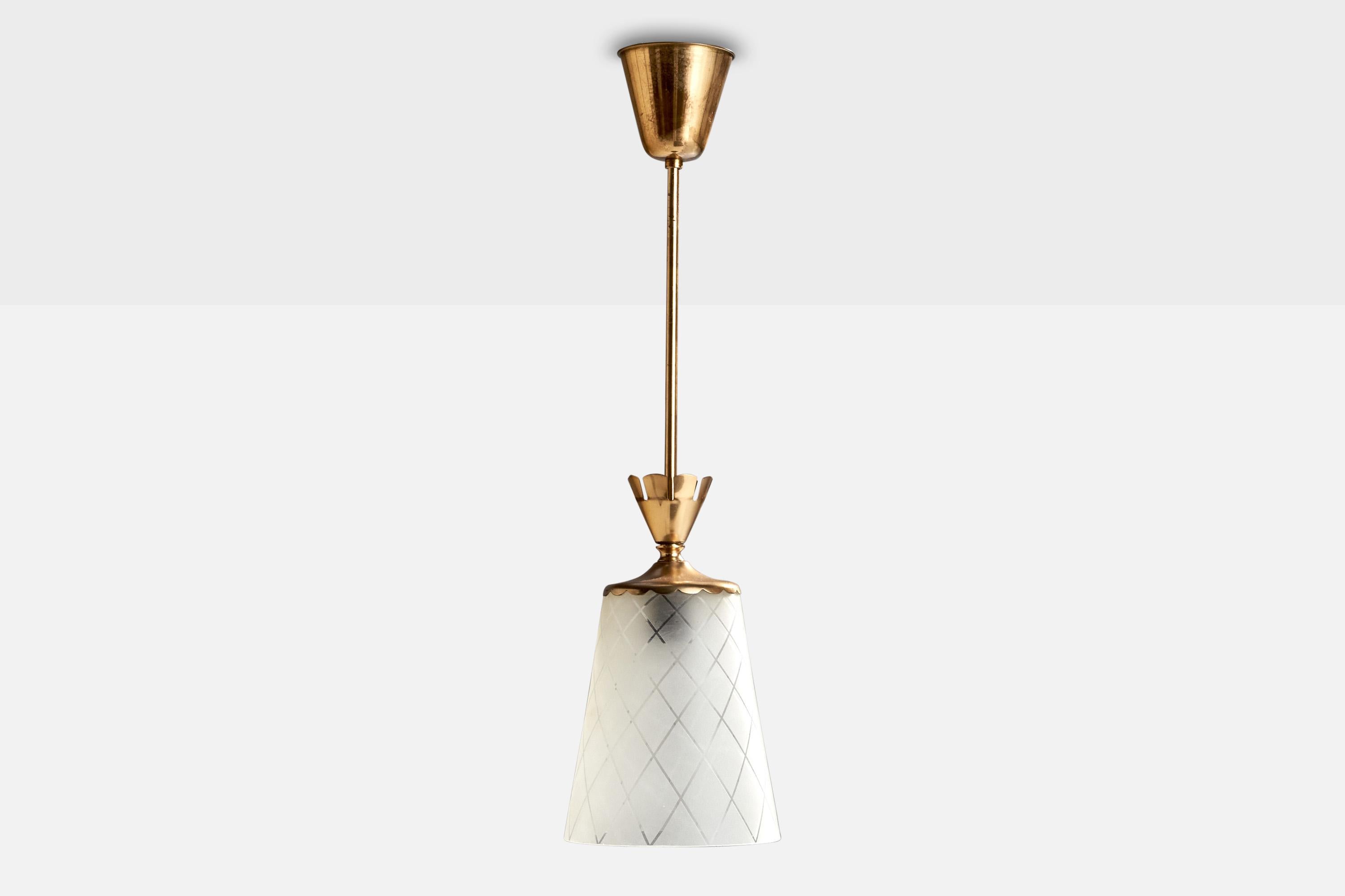 Scandinavian Modern Glössner & Co Attribution, Pendant Light, Brass, Glass, Sweden, 1940s For Sale