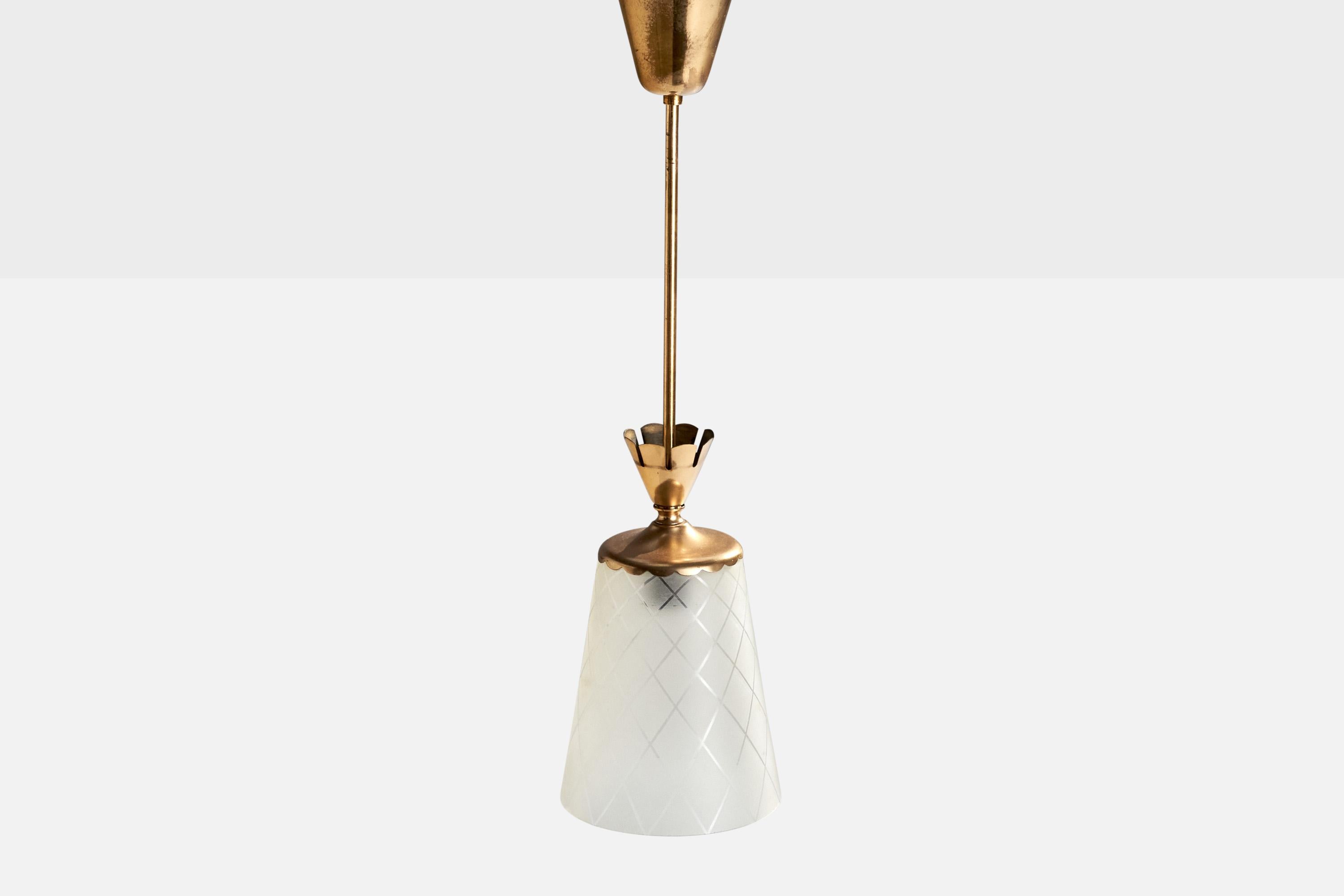 Swedish Glössner & Co Attribution, Pendant Light, Brass, Glass, Sweden, 1940s For Sale