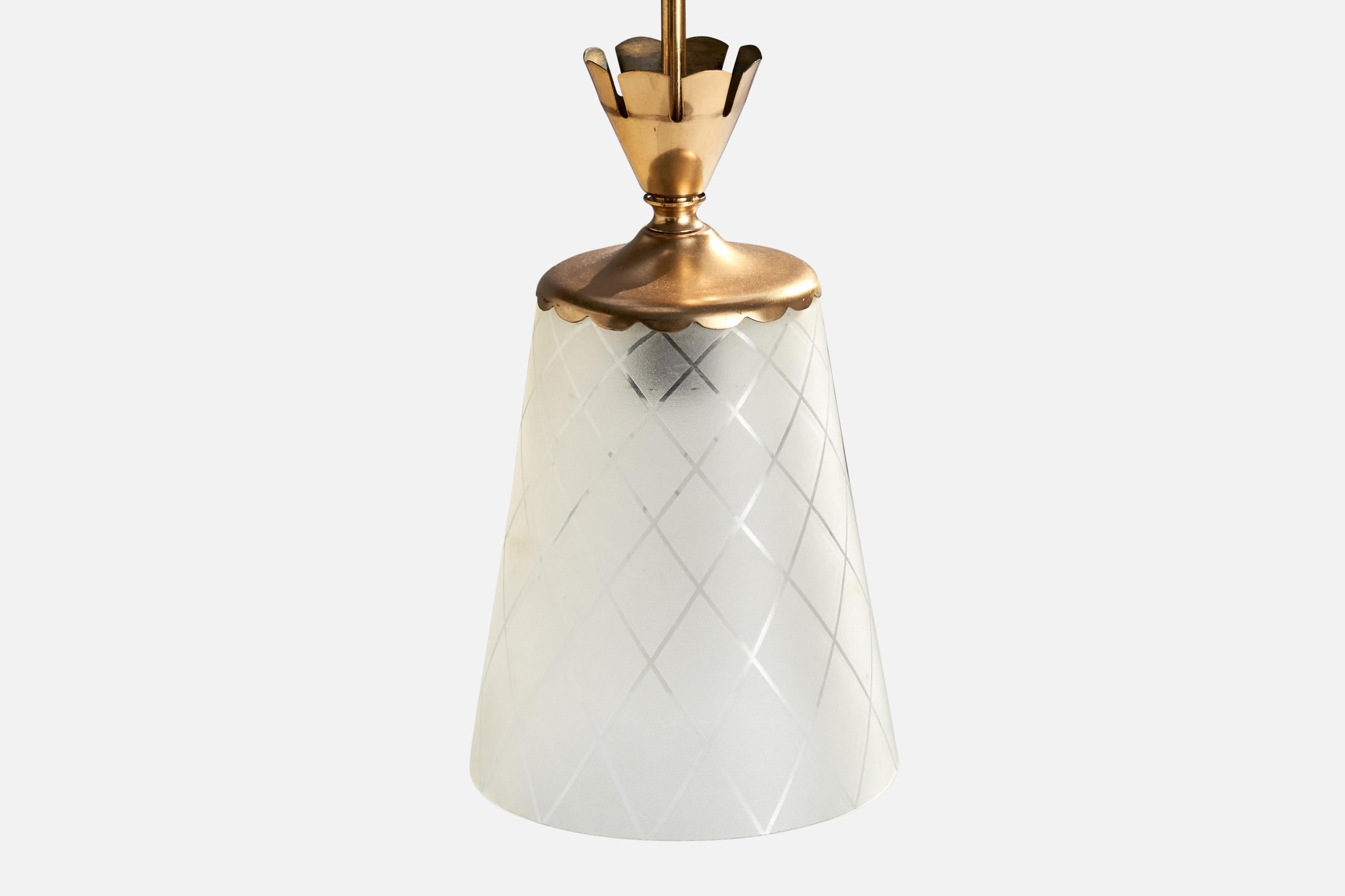 Glössner & Co Attribution, Pendant Light, Brass, Glass, Sweden, 1940s In Good Condition For Sale In High Point, NC