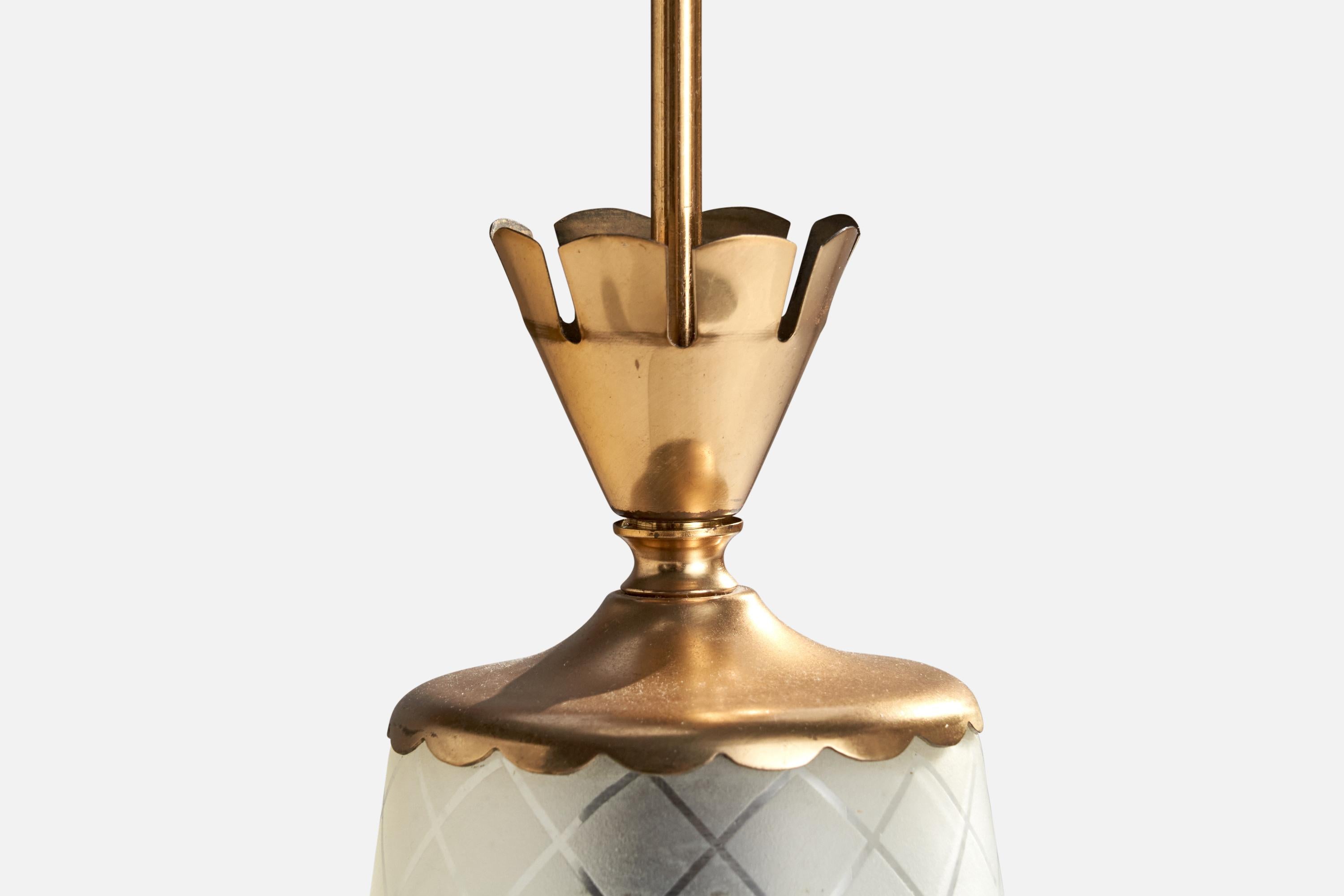 Mid-20th Century Glössner & Co Attribution, Pendant Light, Brass, Glass, Sweden, 1940s For Sale