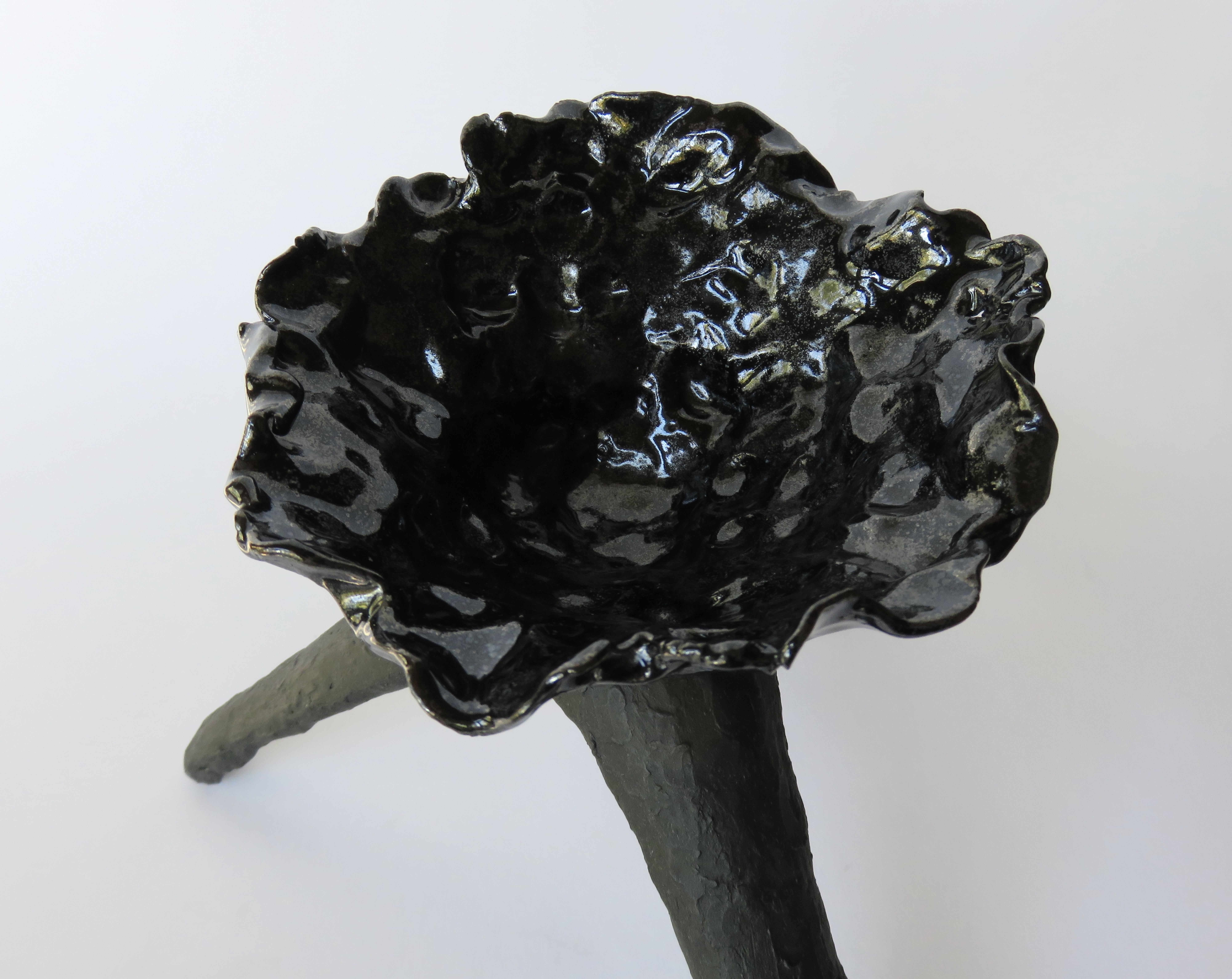 Stoneware Glossy Black Free-Form Chalice on Matte Black Tripod Legs, Hand Built Ceramic
