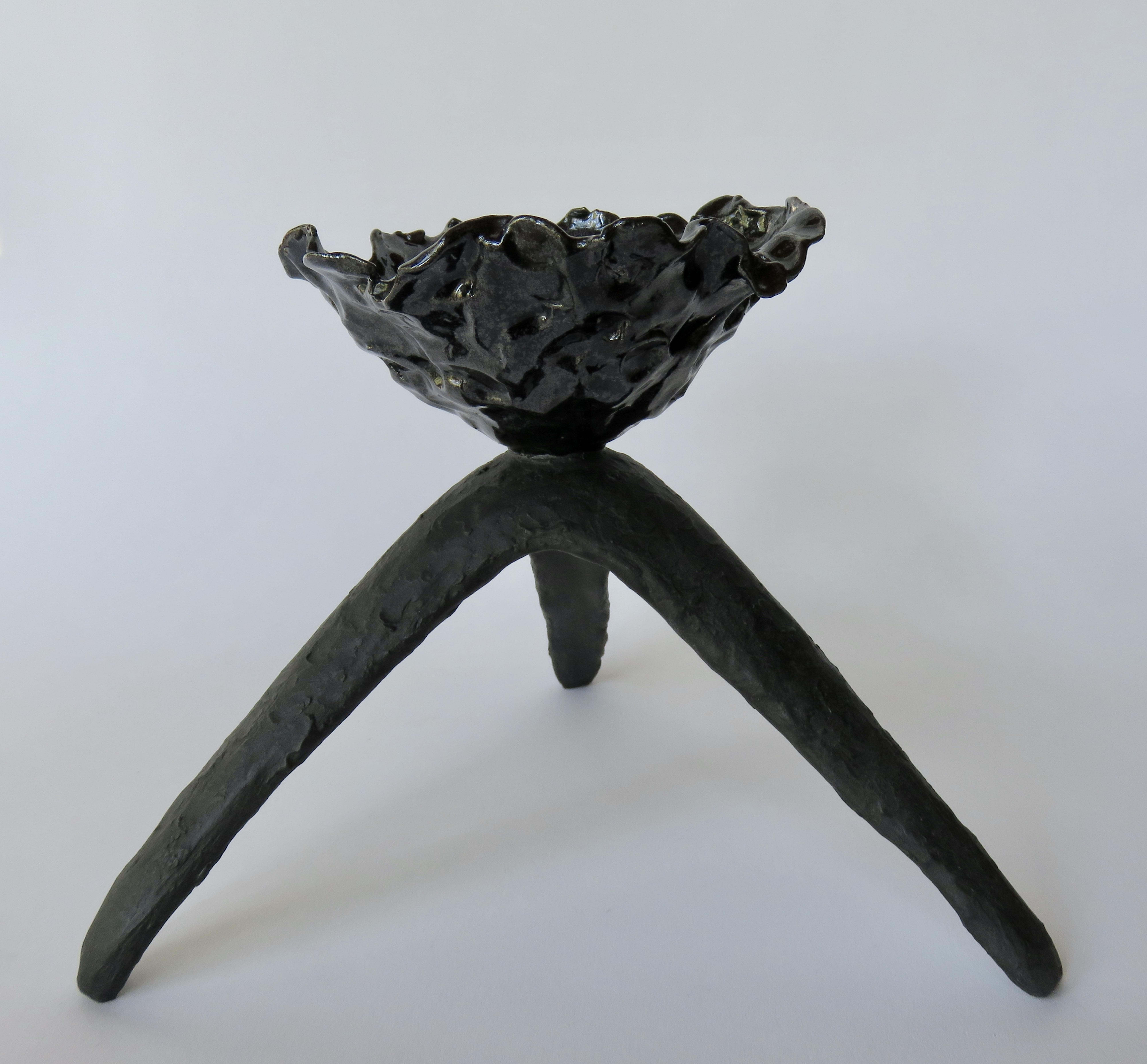 Organic Modern Glossy Black Free-Form Chalice on Matte Black Tripod Legs, Hand Built Ceramic