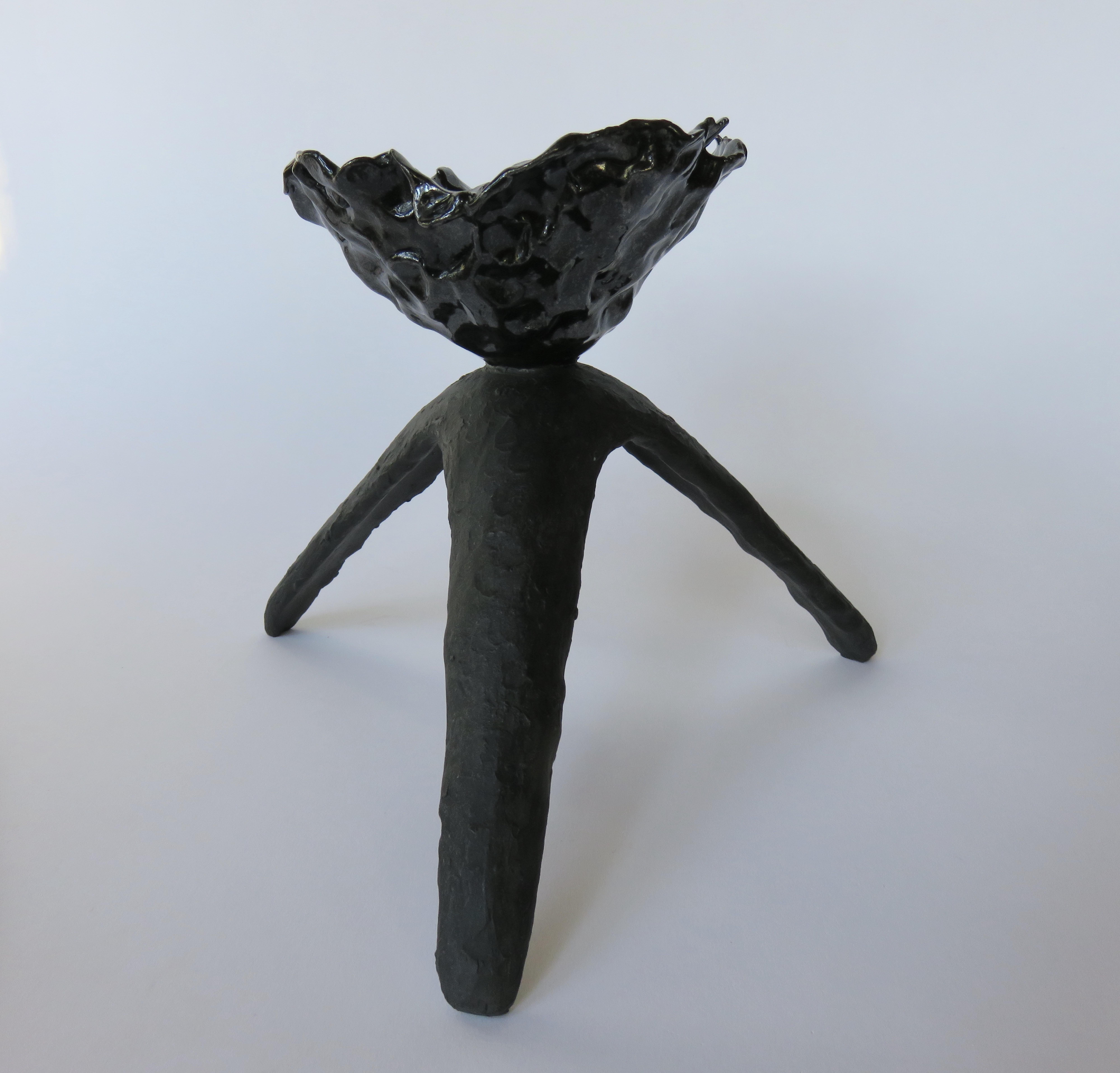 American Glossy Black Free-Form Chalice on Matte Black Tripod Legs, Hand Built Ceramic