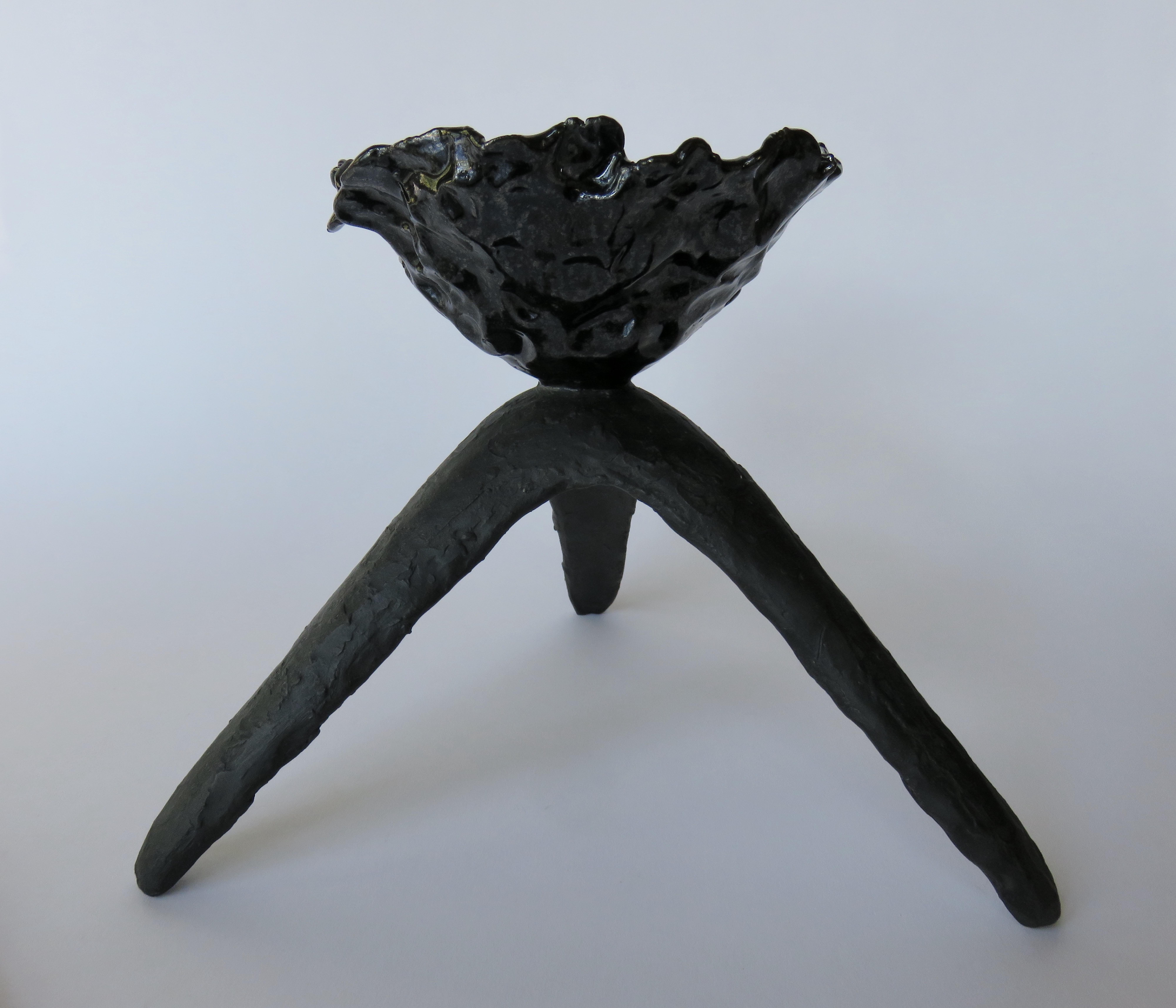 Glazed Glossy Black Free-Form Chalice on Matte Black Tripod Legs, Hand Built Ceramic
