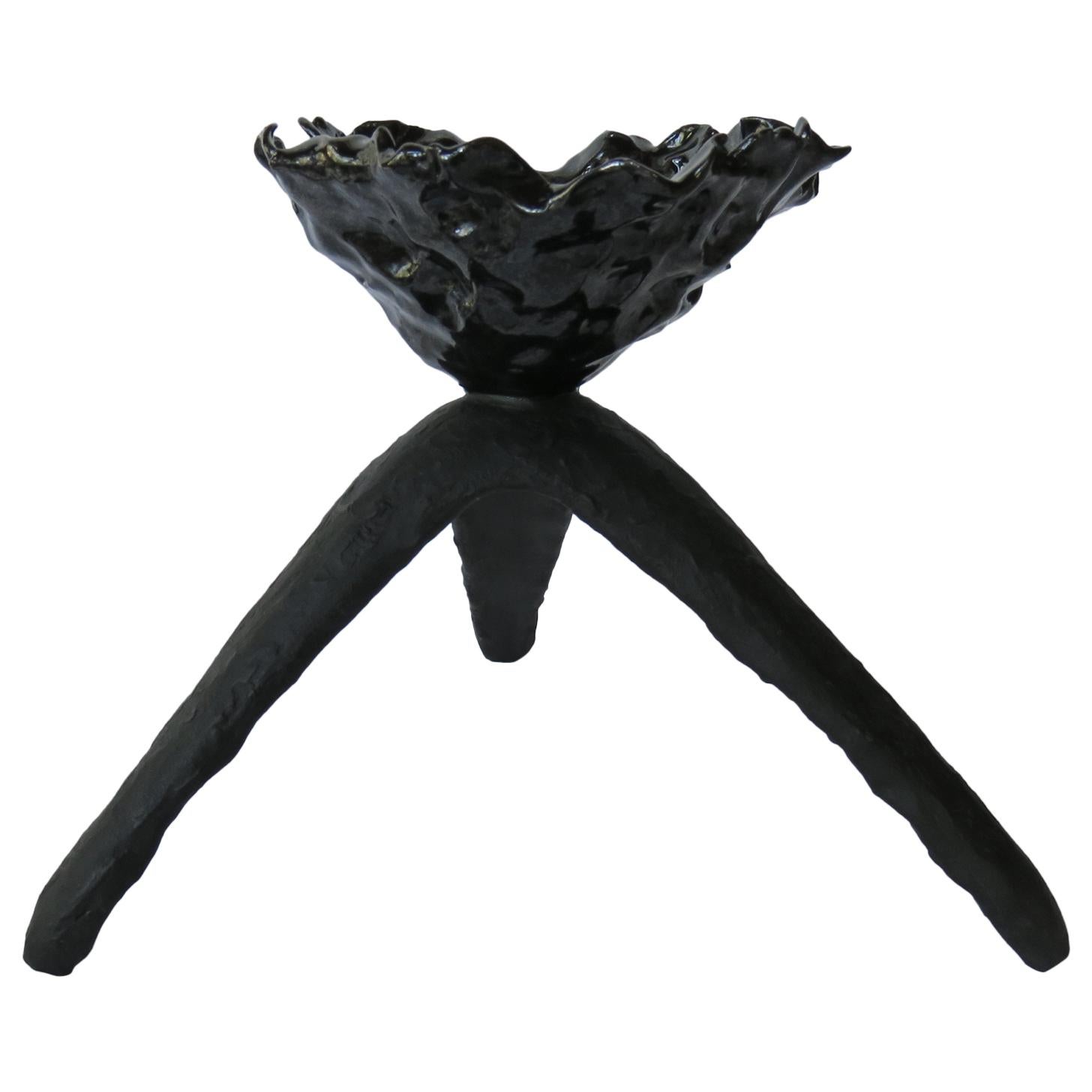 Glossy Black Free-Form Chalice on Matte Black Tripod Legs, Hand Built Ceramic
