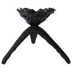 Glossy Black Free-Form Chalice on Matte Black Tripod Legs, Hand Built Ceramic