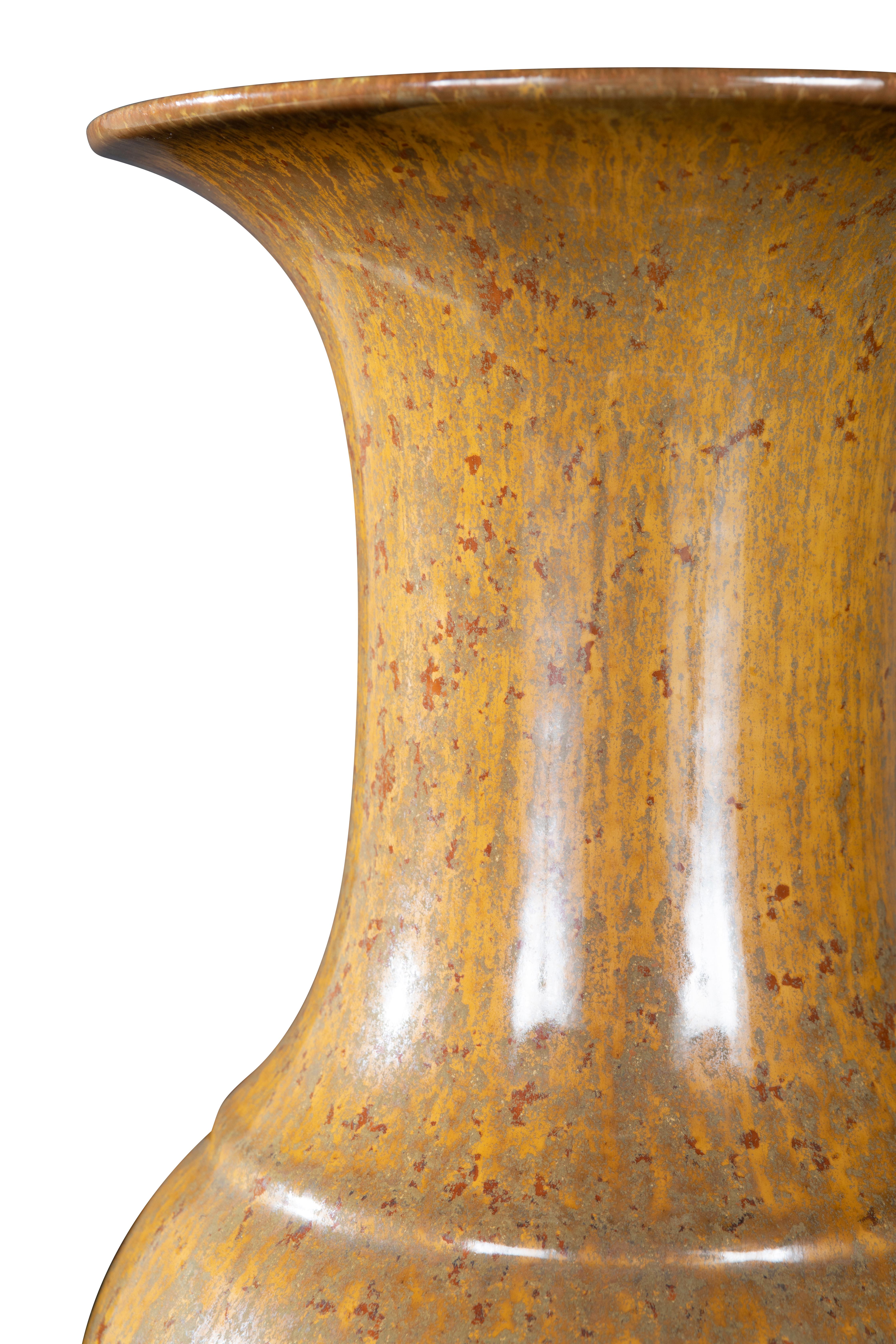 Mid-Century Modern Glossy Ceramic Mustard Trumpet Vase For Sale
