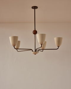 Glossy Cream Ceramic Chandelier in Antique Brass 5-Arm 42.5" DIA