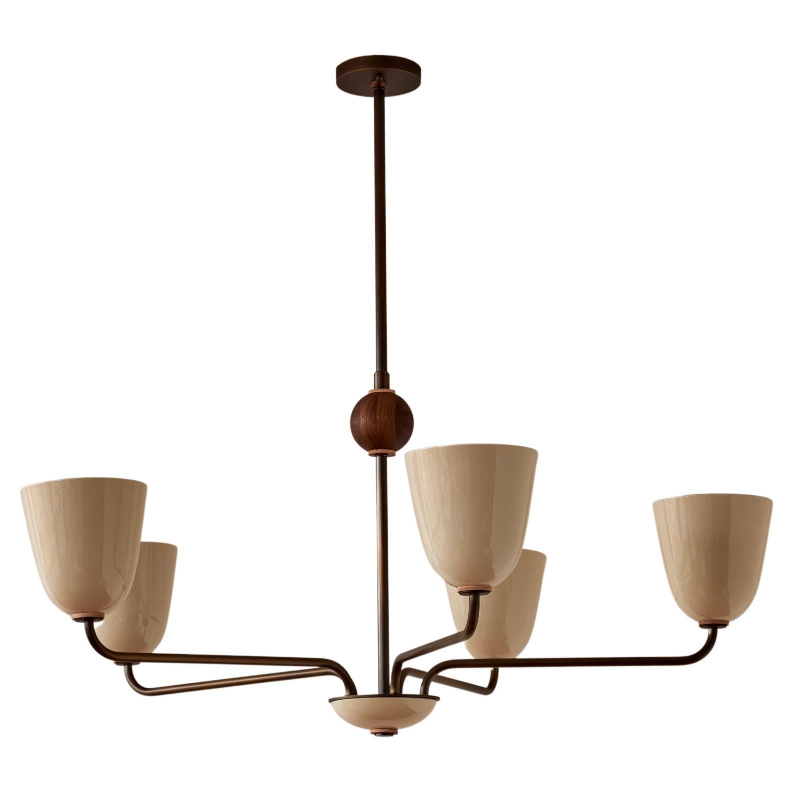 Glossy Cream Ceramic Chandelier in Antique Brass 5-Arm 42.5" DIA For Sale